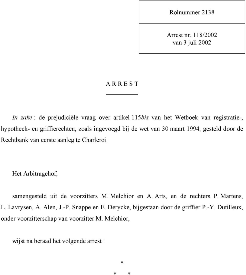 griffierechten, zoals ingevoegd bij de wet van 30 maart 1994, gesteld door de Rechtbank van eerste aanleg te Charleroi.