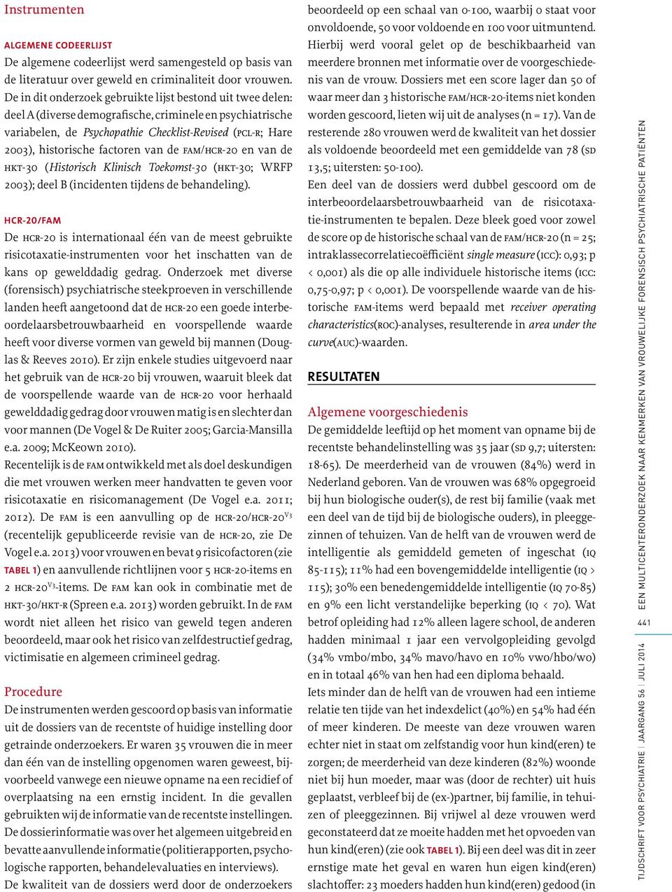 factoren van de fam/hcr-20 en van de hkt-30 (Historisch Klinisch Toekomst-30 (hkt-30; WRFP 2003); deel B (incidenten tijdens de behandeling).