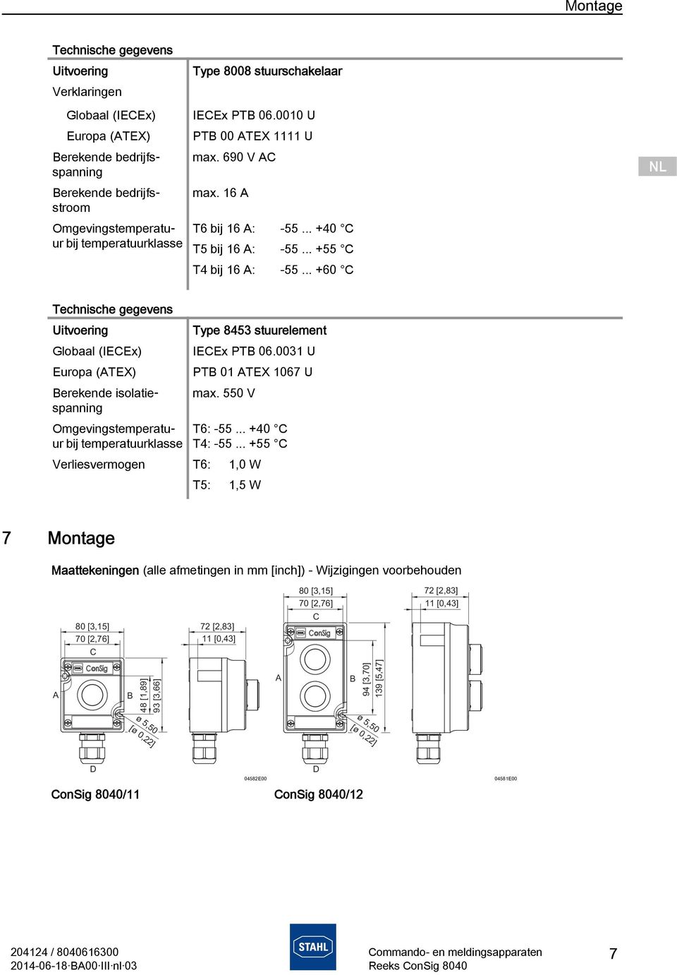 .. +40 C T5 bij 16 A: -55... +55 C T4 bij 16 A: -55... +60 C Type 8453 stuurelement IECEx PTB 06.0031 U PTB 01 ATEX 1067 U max. 550 V T6: -55... +40 C T4: -55.