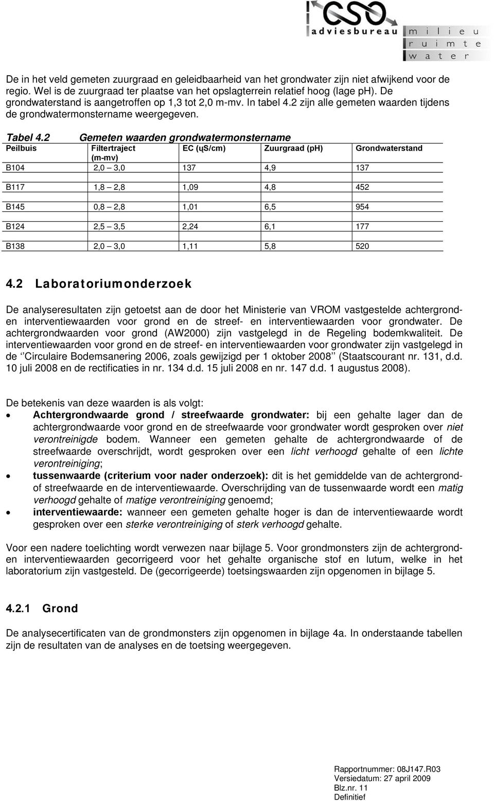 2 Gemeten wrden grondwtermonsternme Peilbuis Filtertrject EC (ųs/cm) Zuurgrd (ph) Grondwterstnd (m-mv) B104 2,0 3,0 137 4,9 137 B117 1,8 2,8 1,09 4,8 452 B145 0,8 2,8 1,01 6,5 954 B124 2,5 3,5 2,24