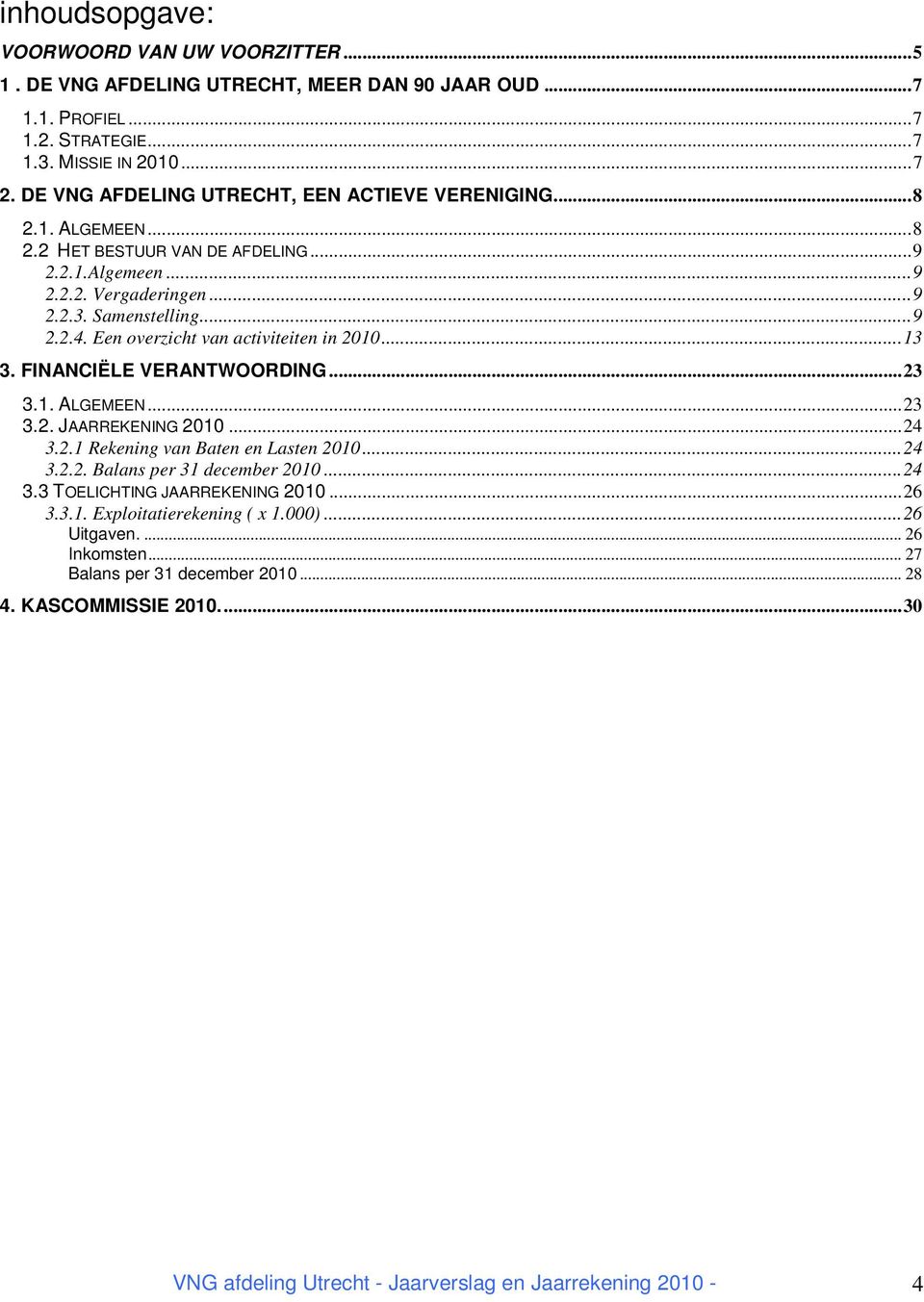 Een overzicht van activiteiten in 2010...13 3. FINANCIËLE VERANTWOORDING...23 3.1. ALGEMEEN...23 3.2. JAARREKENING 2010...24 3.2.1 Rekening van Baten en Lasten 2010...24 3.2.2. Balans per 31 december 2010.