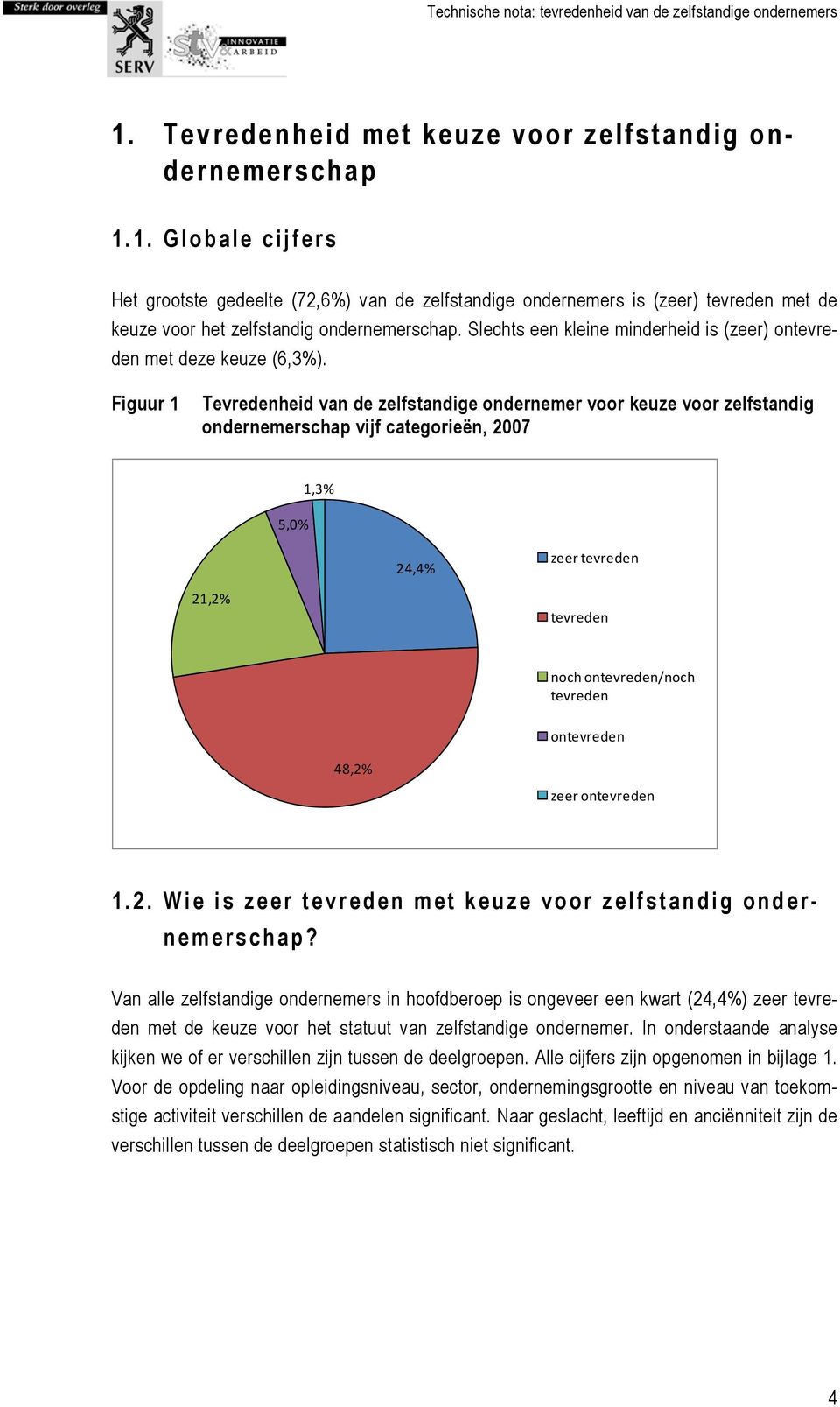 Figuur 1 Tevredenheid van de zelfstandige ondernemer voor keuze voor zelfstandig ondernemerschap vijf categorieën, 2007 5,0% 1,3% 24,4% zeer tevreden 21,2% tevreden noch ontevreden/noch tevreden