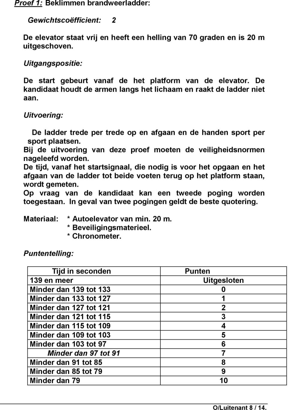 De ladder trede per trede op en afgaan en de handen sport per sport plaatsen. Bij de uitvoering van deze proef moeten de veiligheidsnormen nageleefd worden.