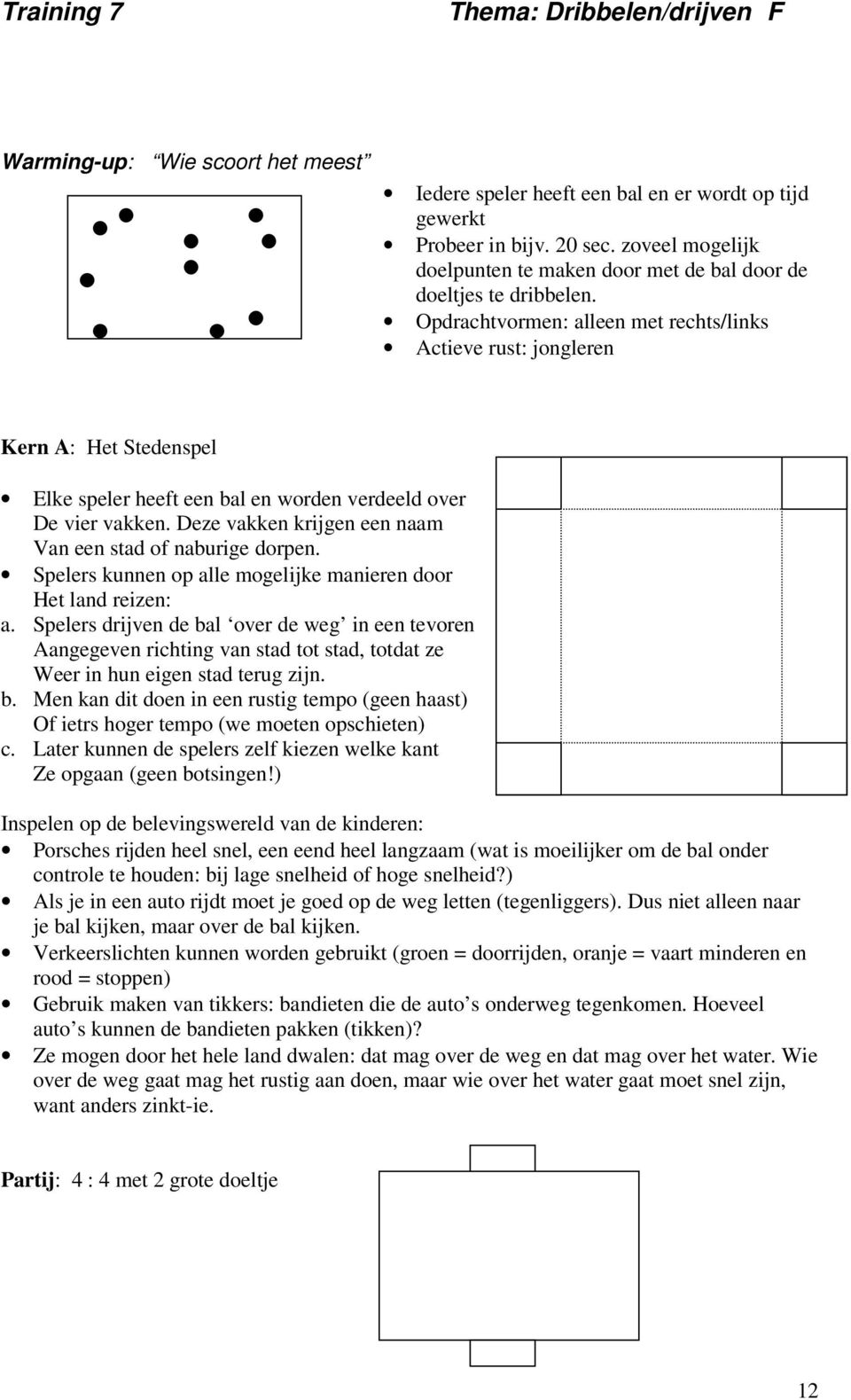 Opdrachtvormen: alleen met rechts/links Actieve rust: jongleren Kern A: Het Stedenspel Elke speler heeft een bal en worden verdeeld over De vier vakken.