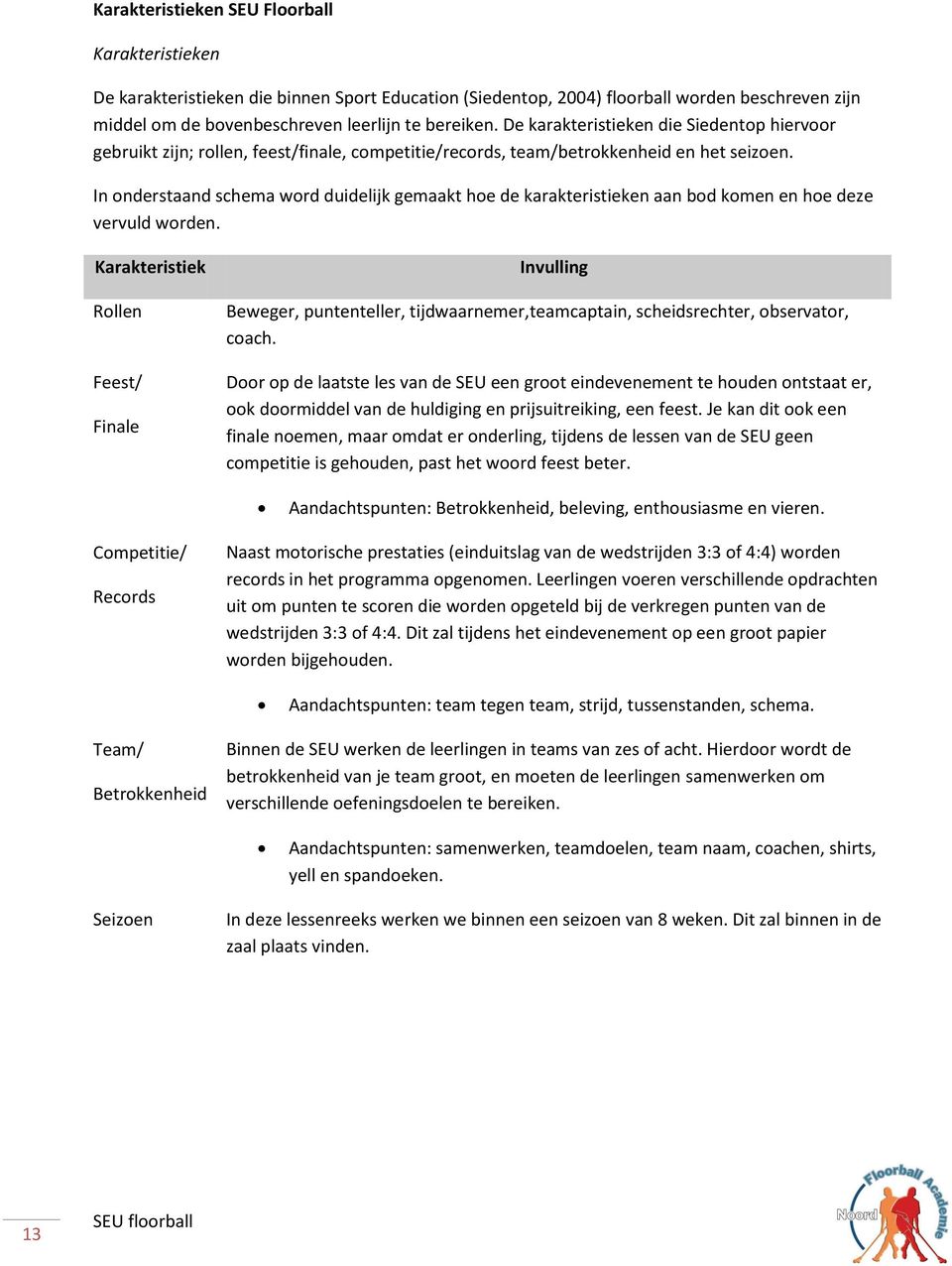 In onderstaand schema word duidelijk gemaakt hoe de karakteristieken aan bod komen en hoe deze vervuld worden.