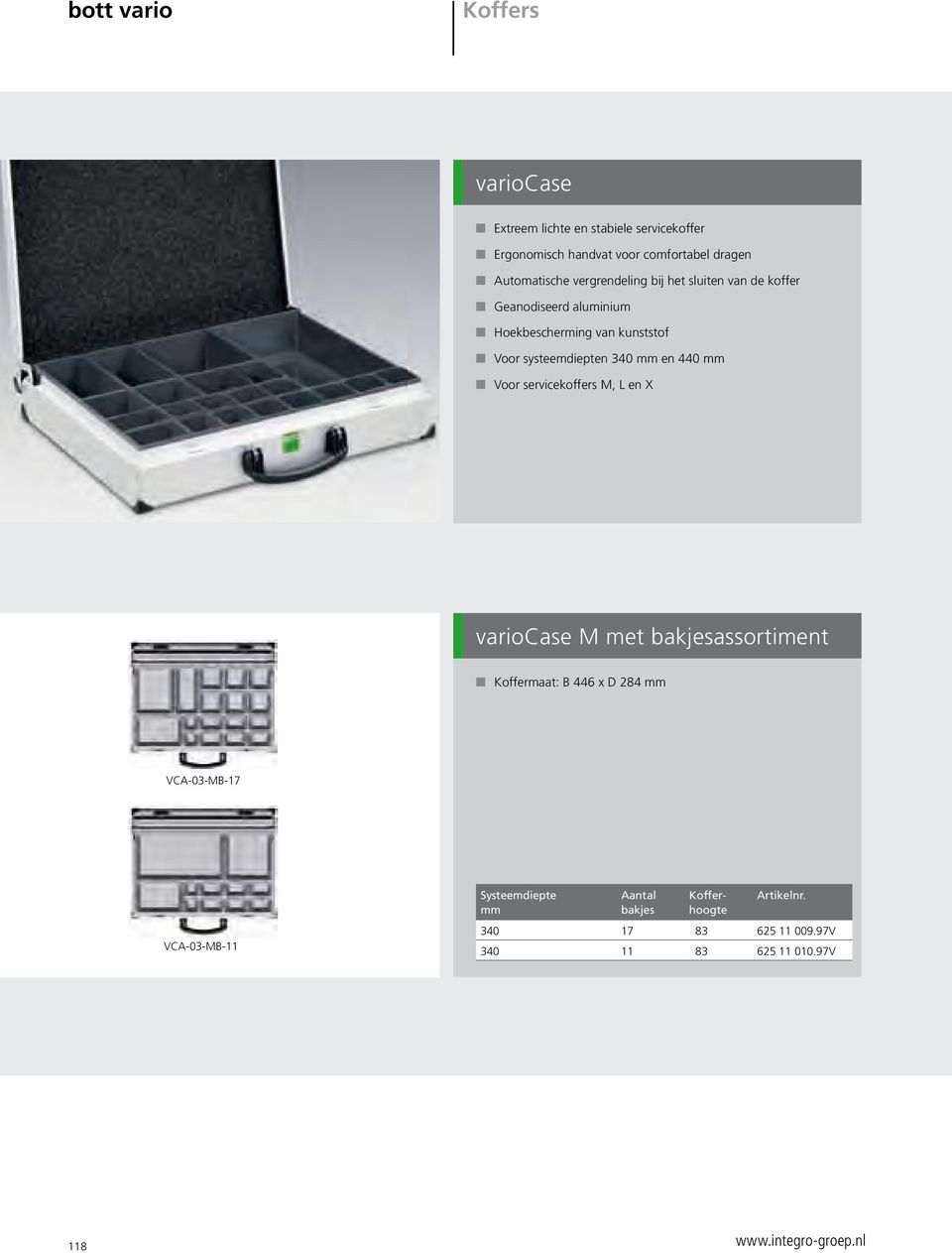 systeemdiepten 340 en 440 Voor servicekoffers M, L en X variocase M met bakjesassortiment Koffermaat: B 446 x D 284