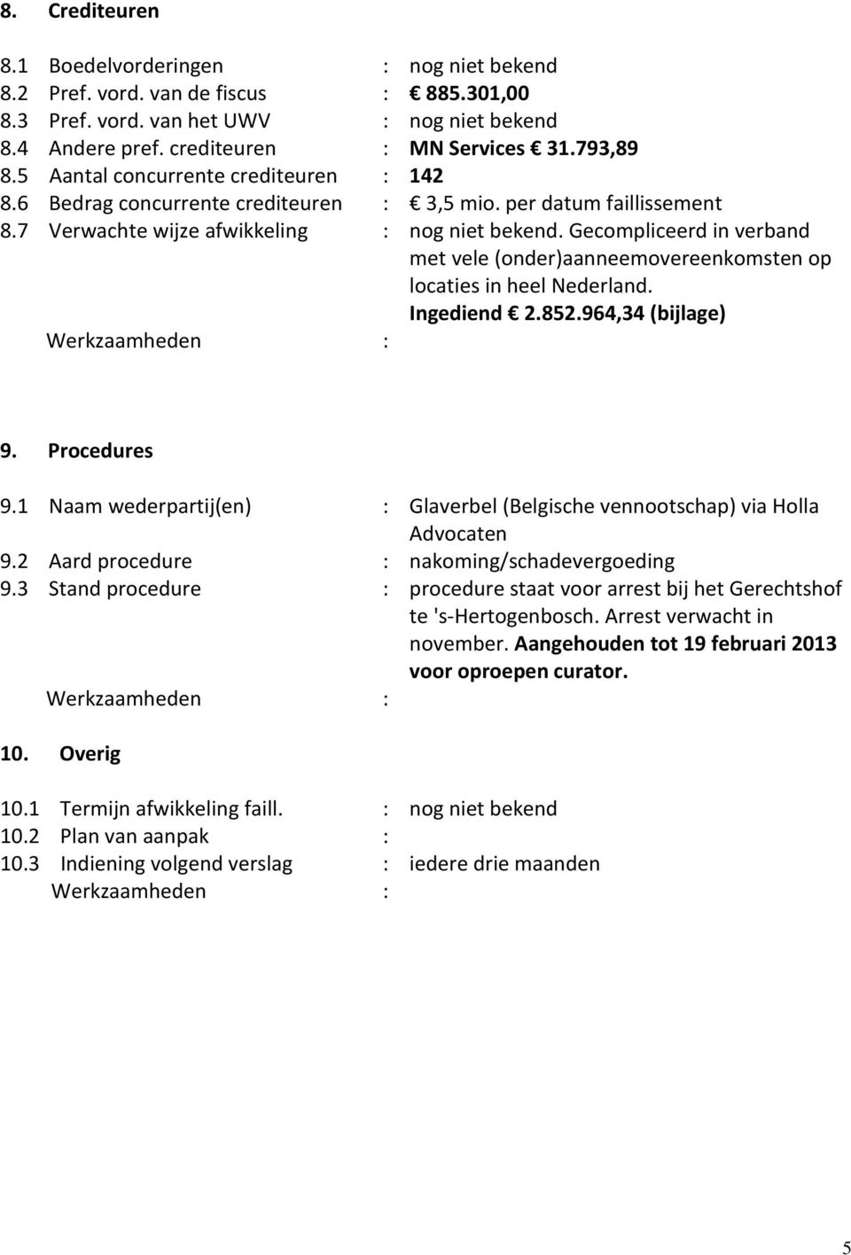 Gecompliceerd in verband met vele (onder)aanneemovereenkomsten op locaties in heel Nederland. Ingediend 2.852.964,34 (bijlage) 9. Procedures 9.