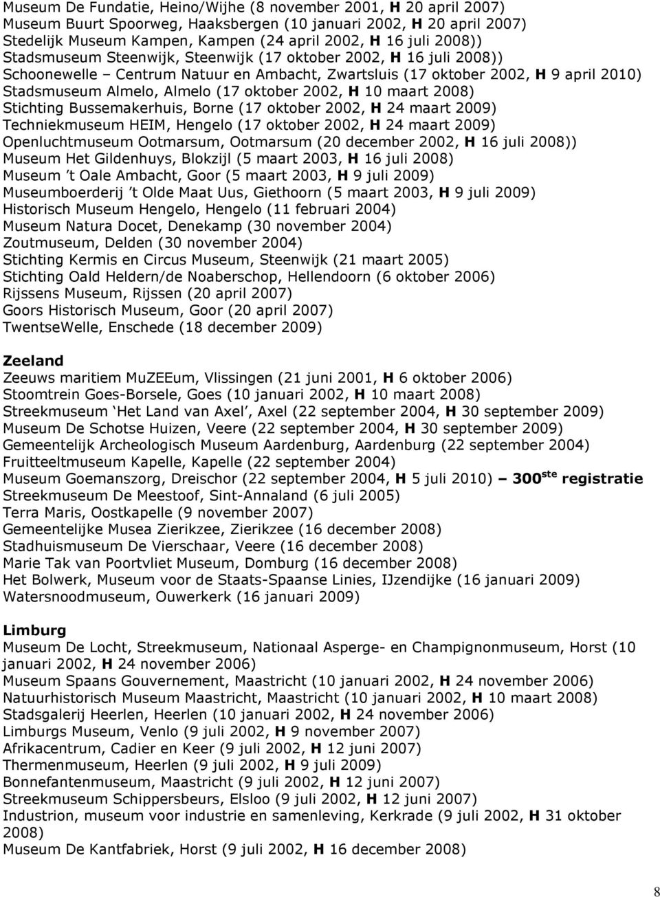 2002, H 10 maart 2008) Stichting Bussemakerhuis, Borne (17 oktober 2002, H 24 maart 2009) Techniekmuseum HEIM, Hengelo (17 oktober 2002, H 24 maart 2009) Openluchtmuseum Ootmarsum, Ootmarsum (20