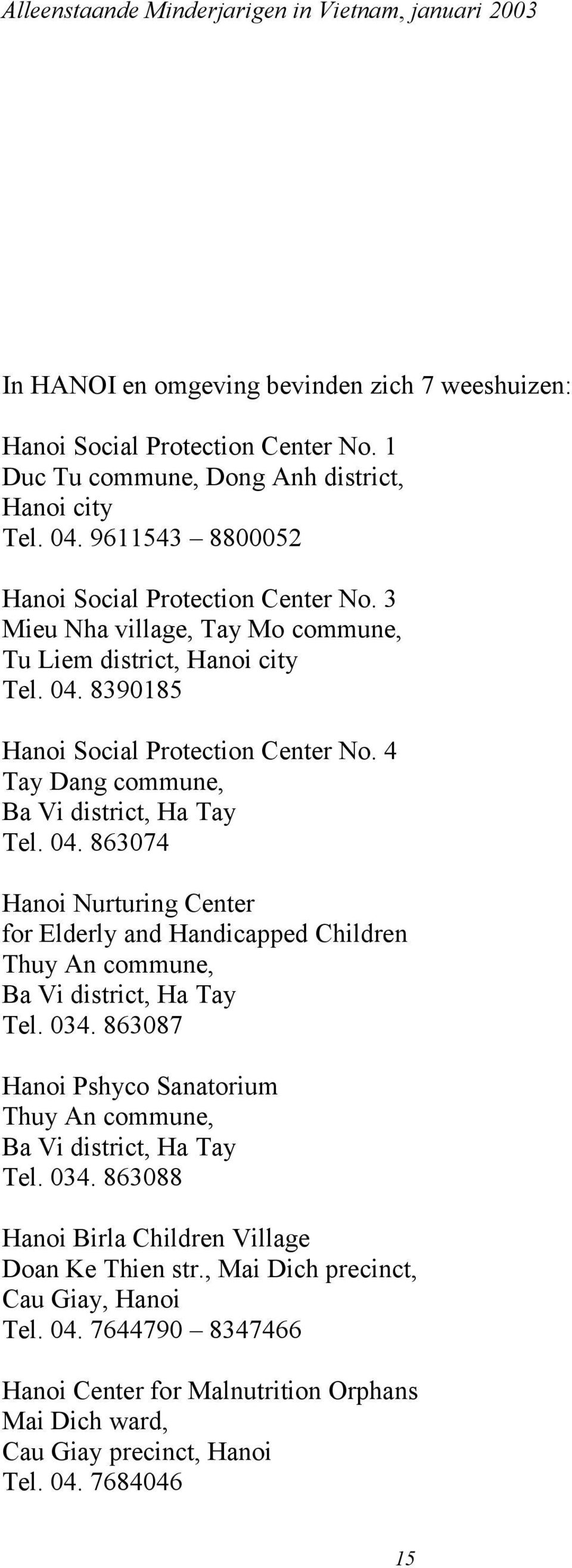 034. 863087 Hanoi Pshyco Sanatorium Thuy An commune, Ba Vi district, Ha Tay Tel. 034. 863088 Hanoi Birla Children Village Doan Ke Thien str., Mai Dich precinct, Cau Giay, Hanoi Tel. 04.