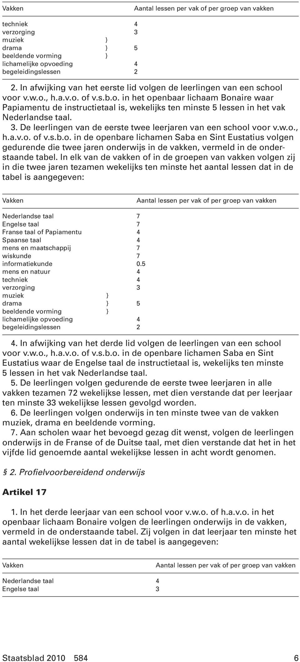 3. De leerlingen van de eerste twee leerjaren van een school voor v.w.o., h.a.v.o. of v.s.b.o. in de openbare lichamen Saba en Sint Eustatius volgen gedurende die twee jaren onderwijs in de vakken, vermeld in de onderstaande tabel.