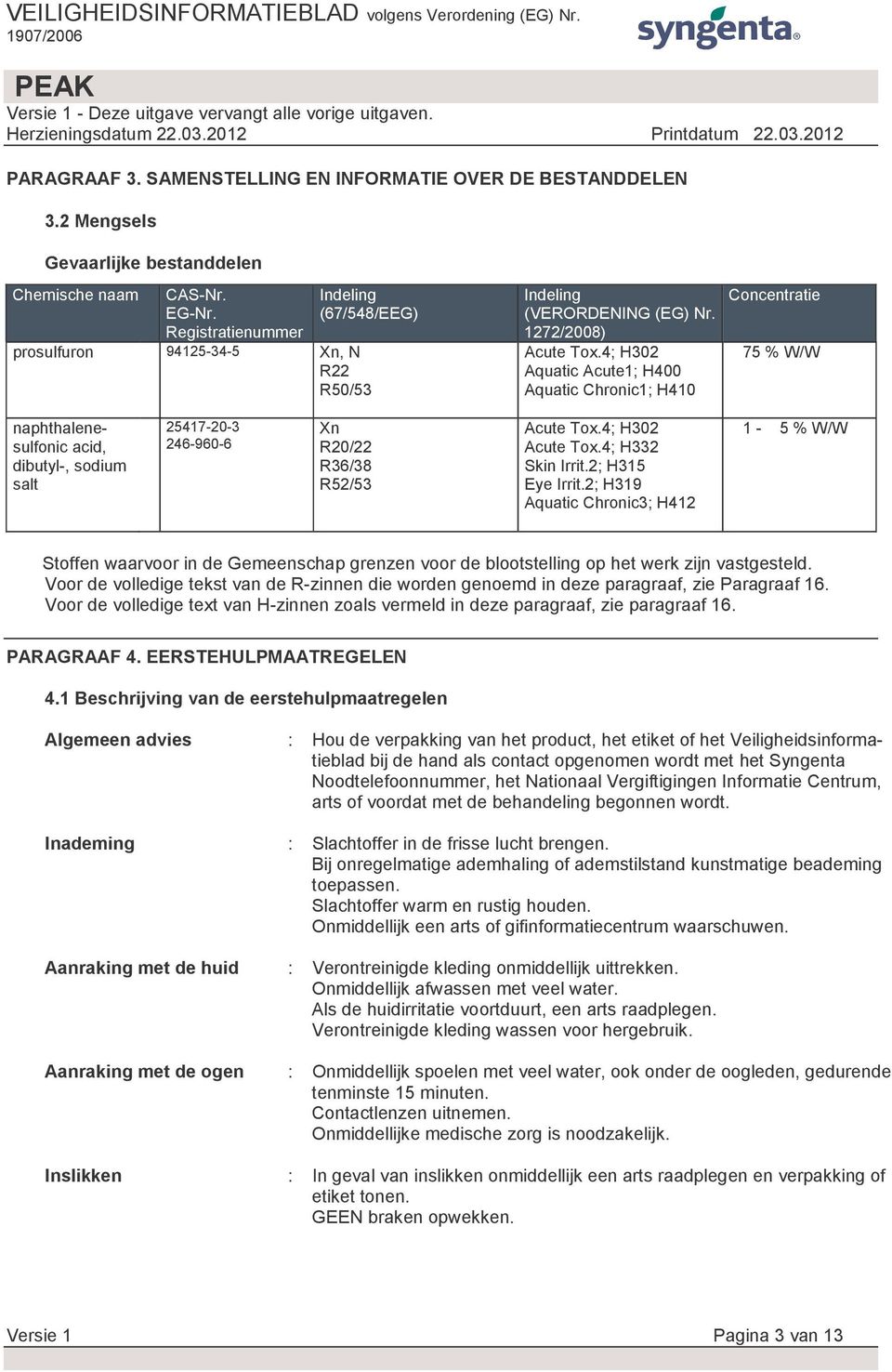 4; H302 Aquatic Acute1; H400 Aquatic Chronic1; H410 Concentratie 75 % W/W naphthalenesulfonic acid, dibutyl-, sodium salt 25417-20-3 246-960-6 Xn R20/22 R36/38 R52/53 Acute Tox.4; H302 Acute Tox.