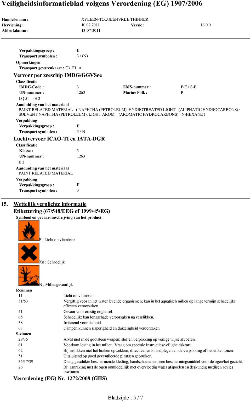 (AROMATIC HYDROCARBONS) N-HEXANE ) Verpakking Verpakkingsgroep : Transport symbolen : II 3 / N Luchtvervoer ICAO-TI en IATA-DGR Classificatie Klasse : 3 UN-nummer : 1263 E 2 Aanduiding van het