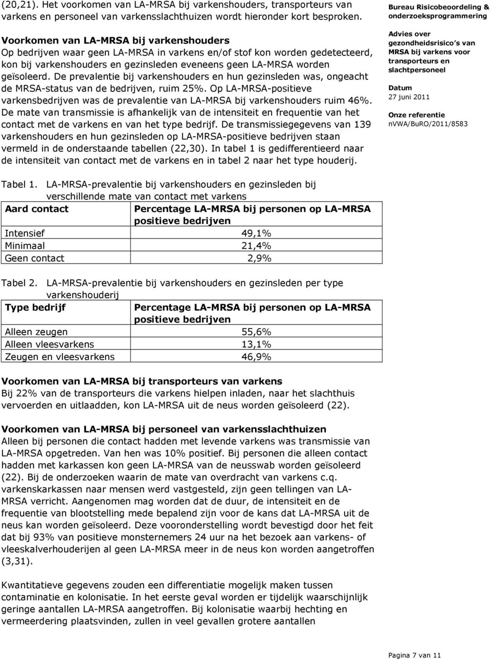 De prevalentie bij varkenshouders en hun gezinsleden was, ongeacht de MRSA-status van de bedrijven, ruim 25%.