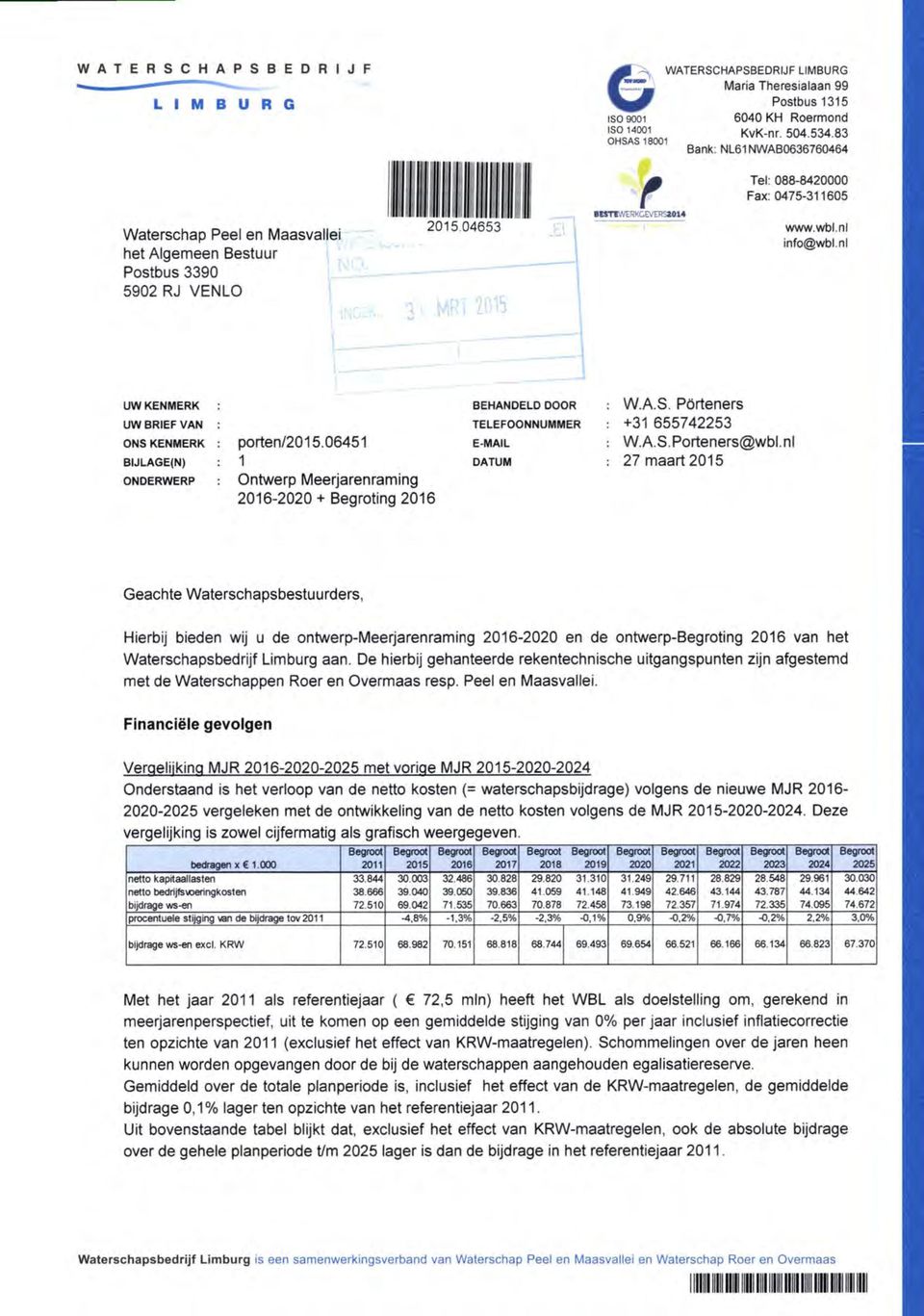 ni UW KENMERK UW BRIEF VAN ONS KENMERK BIJLAGE(N) ONDERWERP porten/2015.06451 1 Ontwerp Meerjarenraming 2016-2020 + Begroting 2016 BEHANDELD DOOR TELEFOONNUMMER E-MAIL DATUM W.A.S. Pörteners +31 655742253 W.