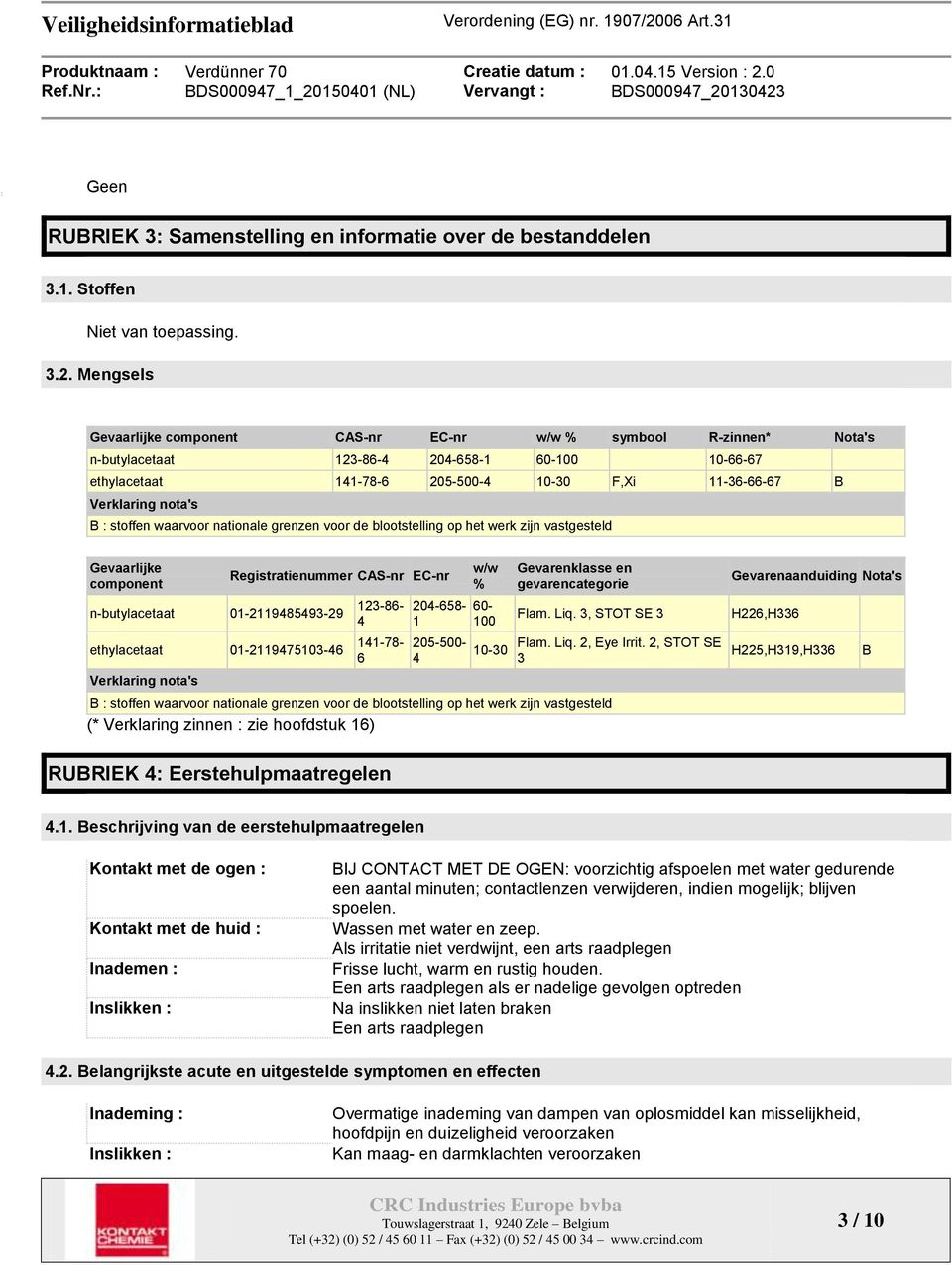 B : stoffen waarvoor nationale grenzen voor de blootstelling op het werk zijn vastgesteld Gevaarlijke component Registratienummer CAS-nr EC-nr n-butylacetaat 01-2119485493-29 ethylacetaat