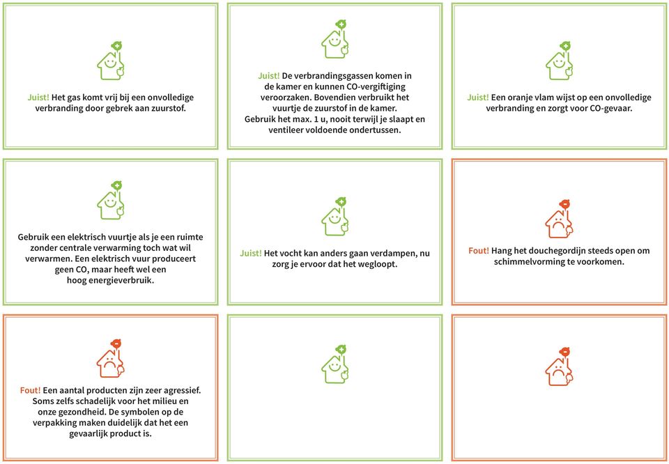 Een oranje vlam wijst op een onvolledige verbranding en zorgt voor CO-gevaar. Gebruik een elektrisch vuurtje als je een ruimte zonder centrale verwarming toch wat wil verwarmen.