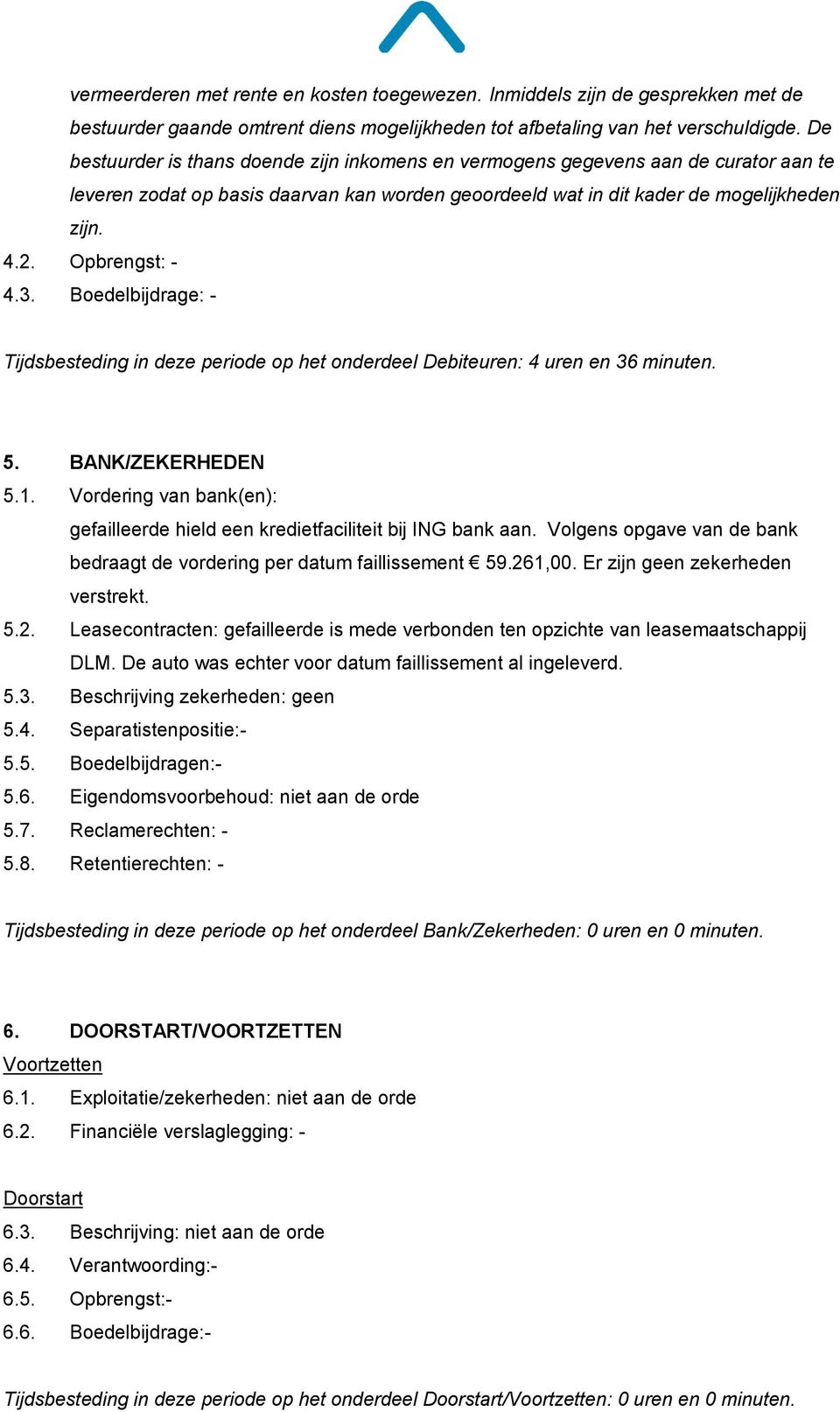 Opbrengst: - 4.3. Boedelbijdrage: - Tijdsbesteding in deze periode op het onderdeel Debiteuren: 4 uren en 36 minuten. 5. BANK/ZEKERHEDEN 5.1.