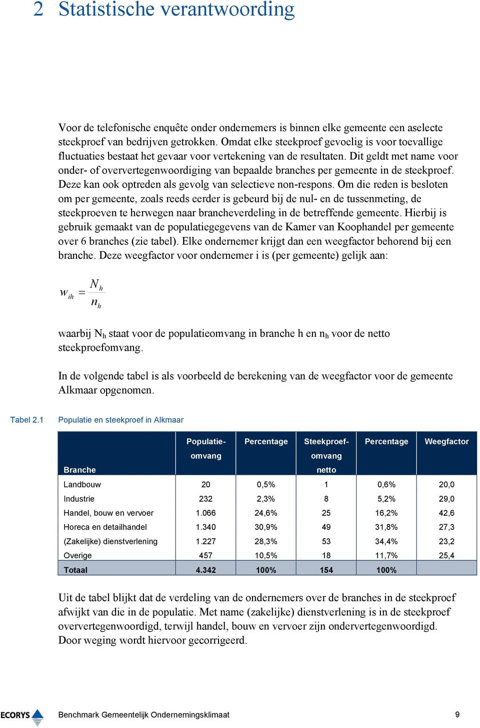 Dit geldt met name voor onder- of oververtegenwoordiging van bepaalde branches per gemeente in de steekproef. Deze kan ook optreden als gevolg van selectieve non-respons.