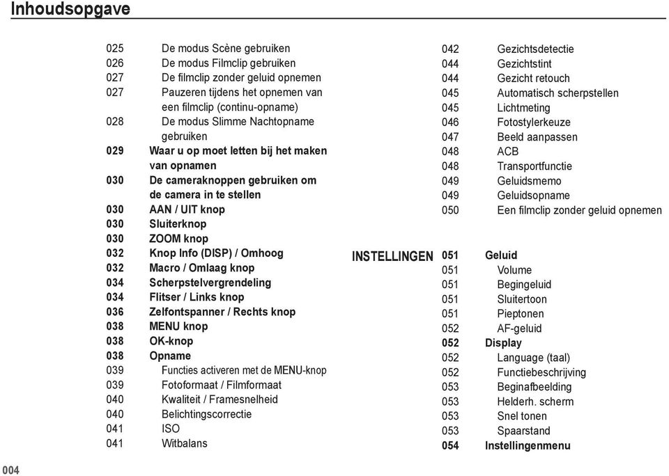 Info (DISP) / Omhoog 032 Macro / Omlaag knop 034 Scherpstelvergrendeling 034 Flitser / Links knop 036 Zelfontspanner / Rechts knop 038 MENU knop 038 OK-knop 038 Opname 039 Functies activeren met de