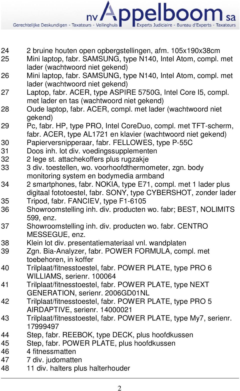 met lader en tas (wachtwoord niet gekend) 28 Oude laptop, fabr. ACER, compl. met lader (wachtwoord niet gekend) 29 Pc, fabr. HP, type PRO, Intel CoreDuo, compl. met TFT-scherm, fabr.