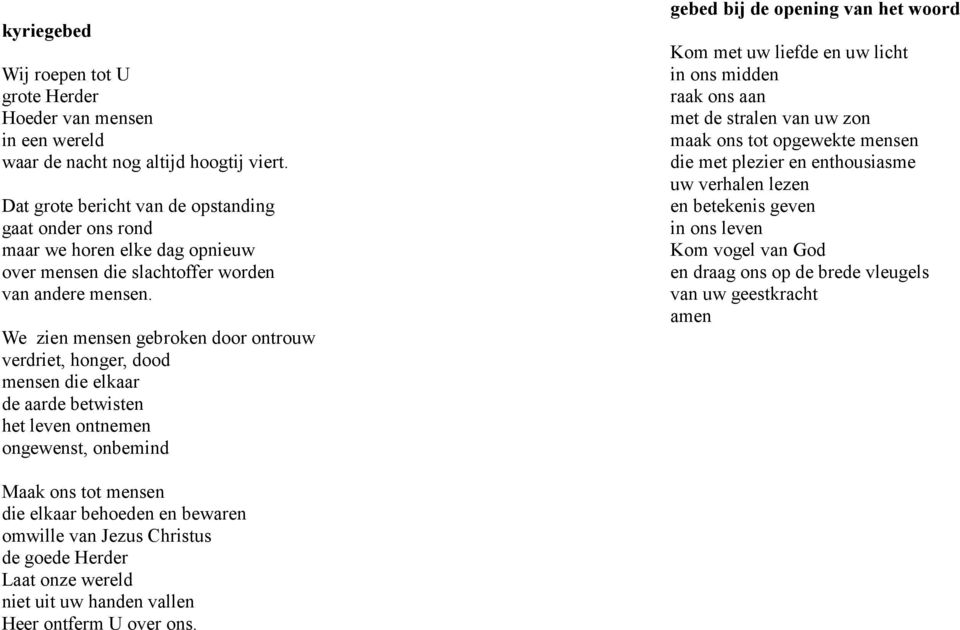 We zien mensen gebroken door ontrouw verdriet, honger, dood mensen die elkaar de aarde betwisten het leven ontnemen ongewenst, onbemind gebed bij de opening van het woord Kom met uw liefde en uw