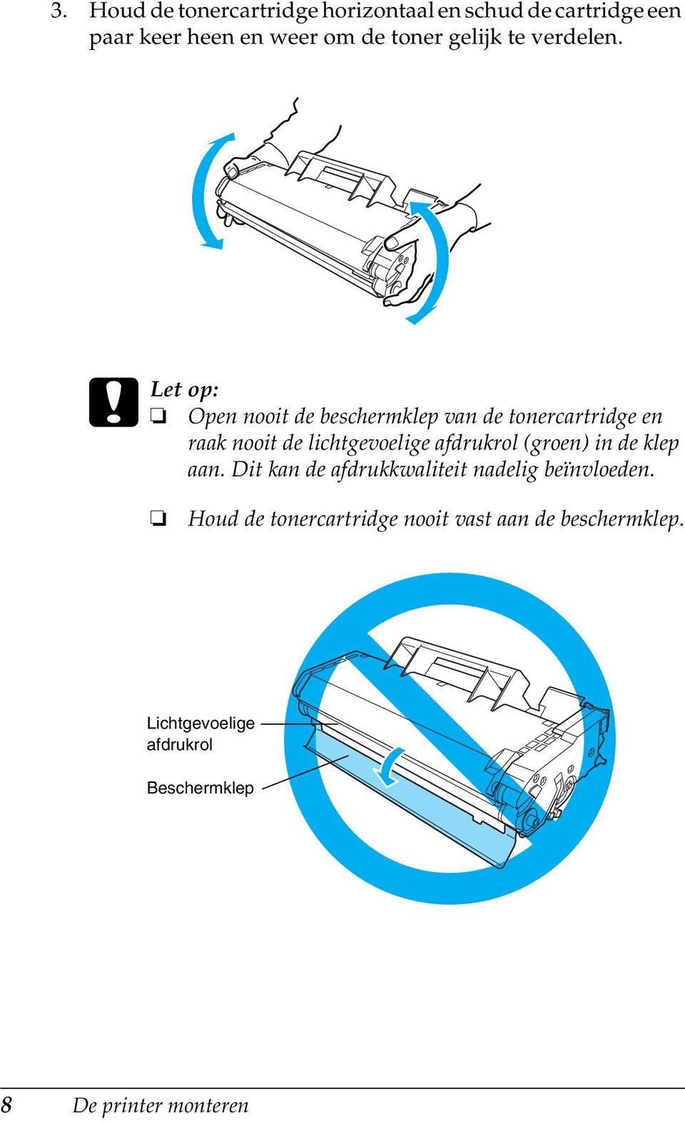 c Let op: Open nooit de beschermklep van de tonercartridge en raak nooit de lichtgevoelige afdrukrol