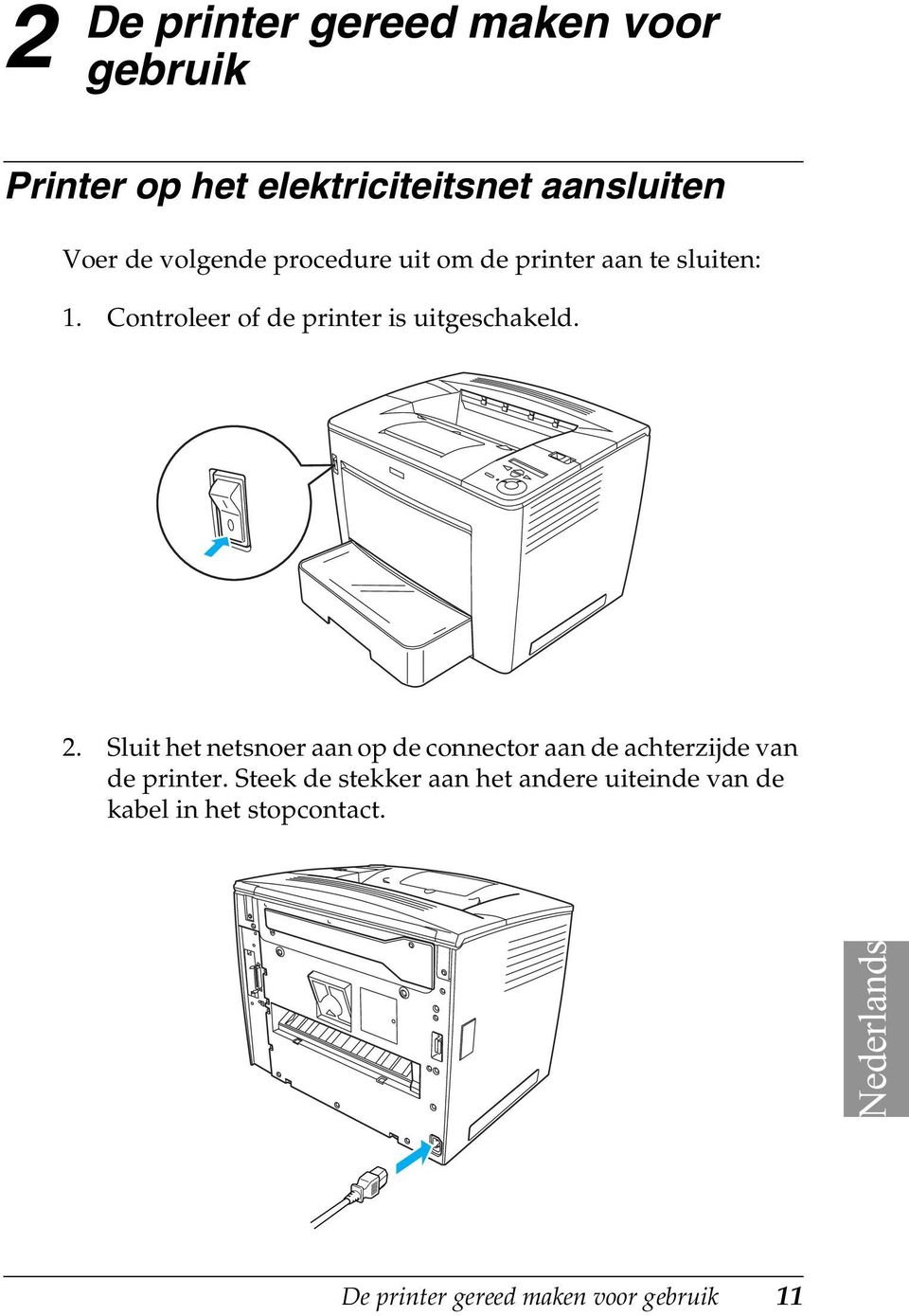 2. Sluit het netsnoer aan op de connector aan de achterzijde van de printer.