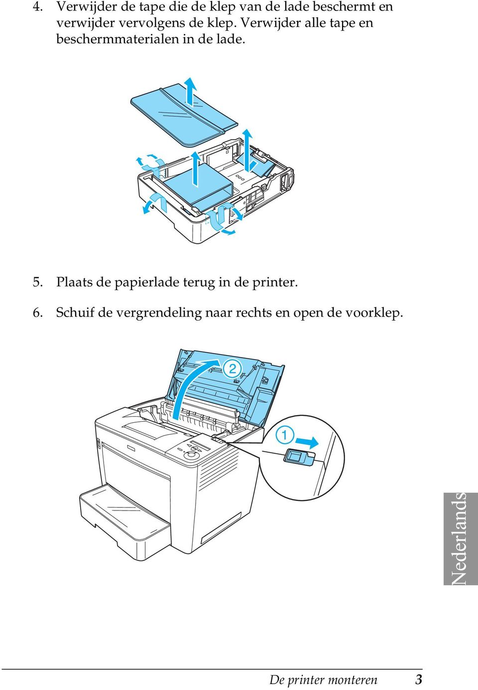 Verwijder alle tape en beschermmaterialen in de lade. 5.