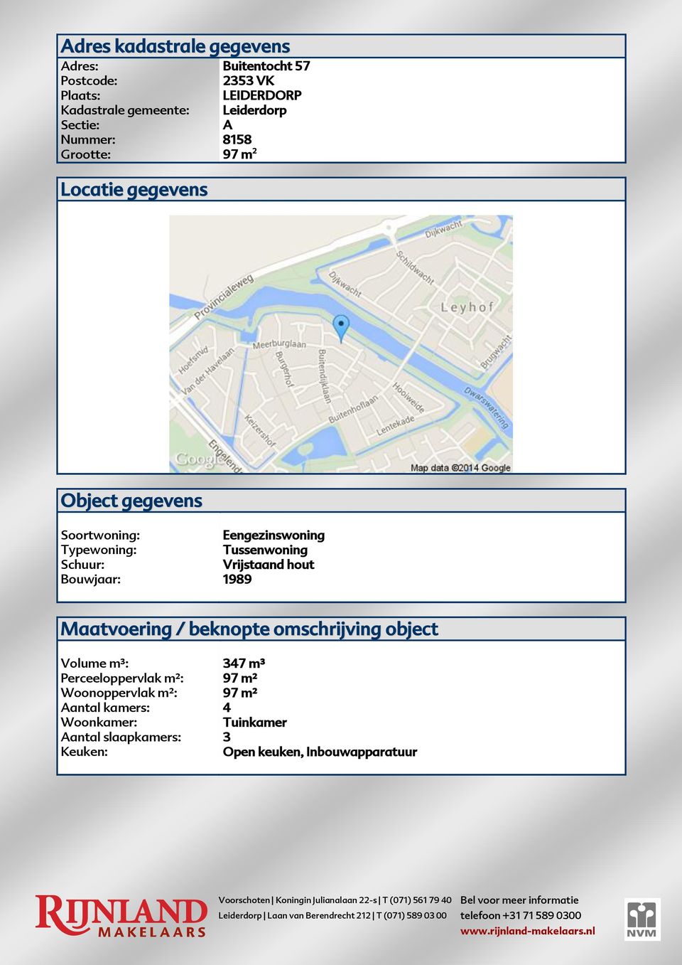 Eengezinswoning Tussenwoning Vrijstaand hout 1989 Maatvoering / beknopte omschrijving object Volume m³: Perceeloppervlak