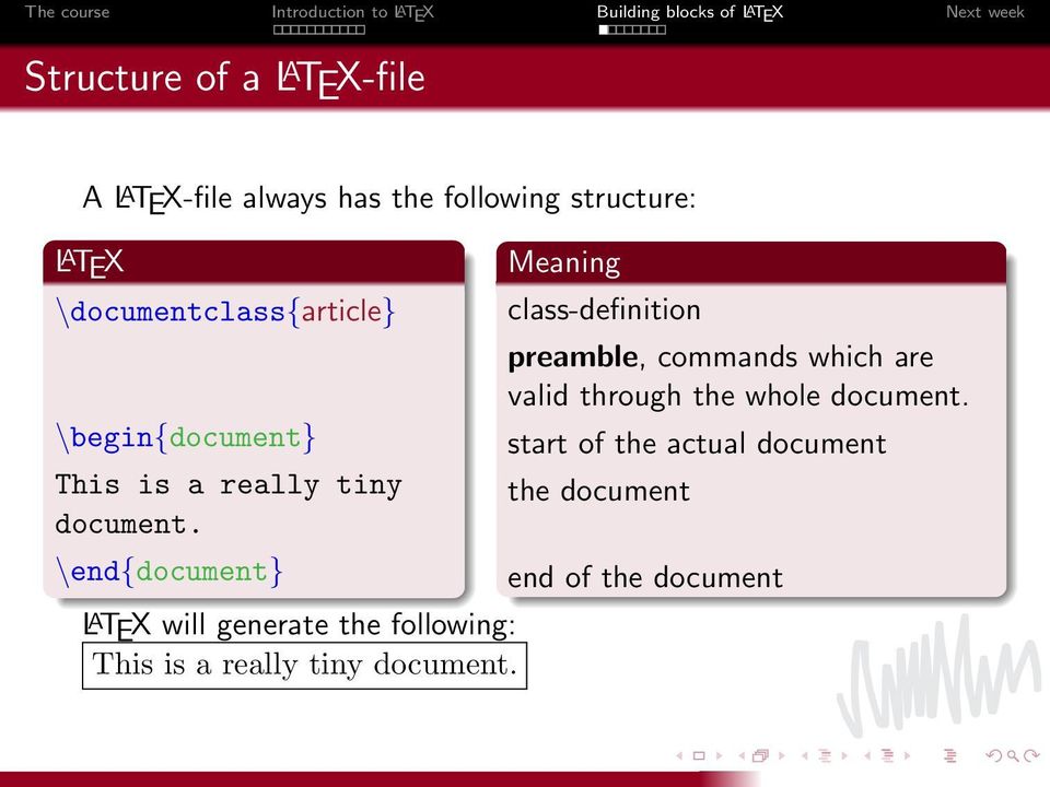 \end{document} L A TEX will generate the following: This is a really tiny document.