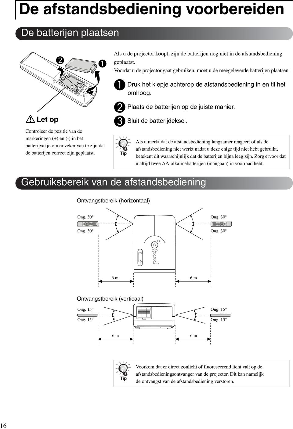 A B C Druk het klepje achterop de afstandsbediening in en til het omhoog. Plaats de batterijen op de juiste manier. Sluit de batterijdeksel.