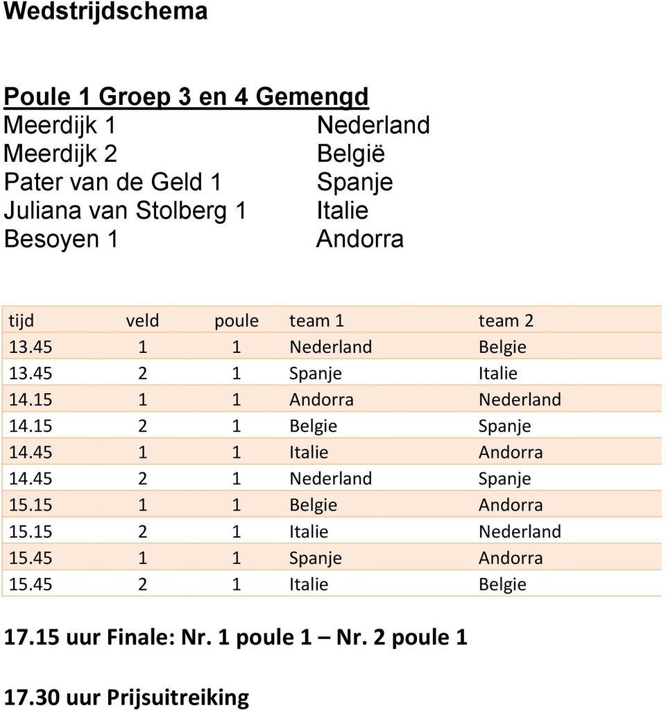 15 1 1 Andorra Nederland 14.15 2 1 Belgie Spanje 14.45 1 1 Italie Andorra 14.45 2 1 Nederland Spanje 15.15 1 1 Belgie Andorra 15.