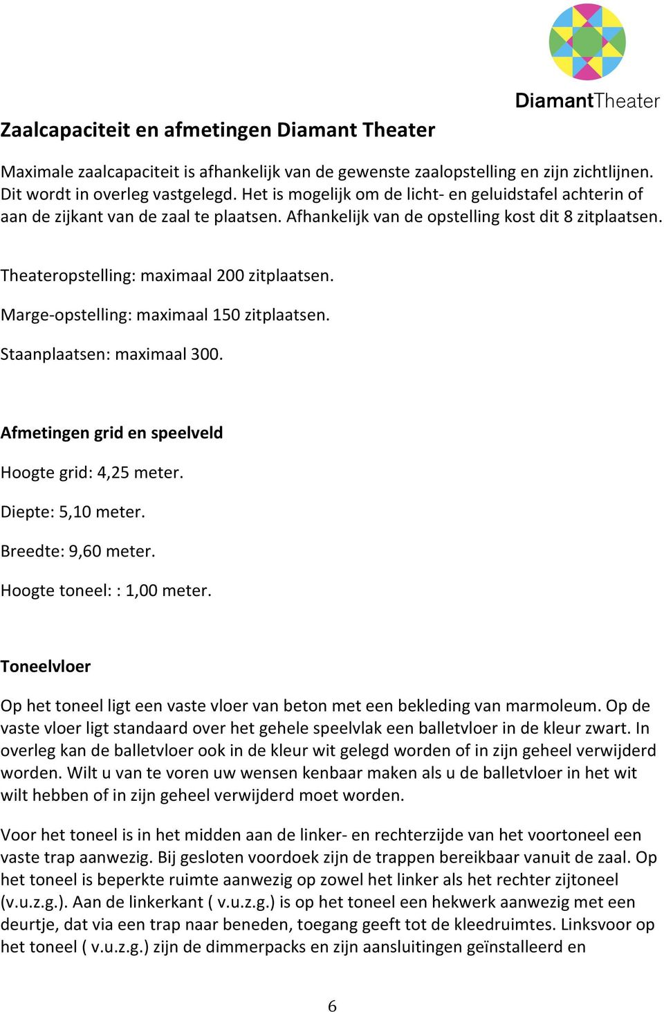 Marge- opstelling: maximaal 150 zitplaatsen. Staanplaatsen: maximaal 300. Afmetingen grid en speelveld Hoogte grid: 4,25 meter. Diepte: 5,10 meter. Breedte: 9,60 meter. Hoogte toneel: : 1,00 meter.