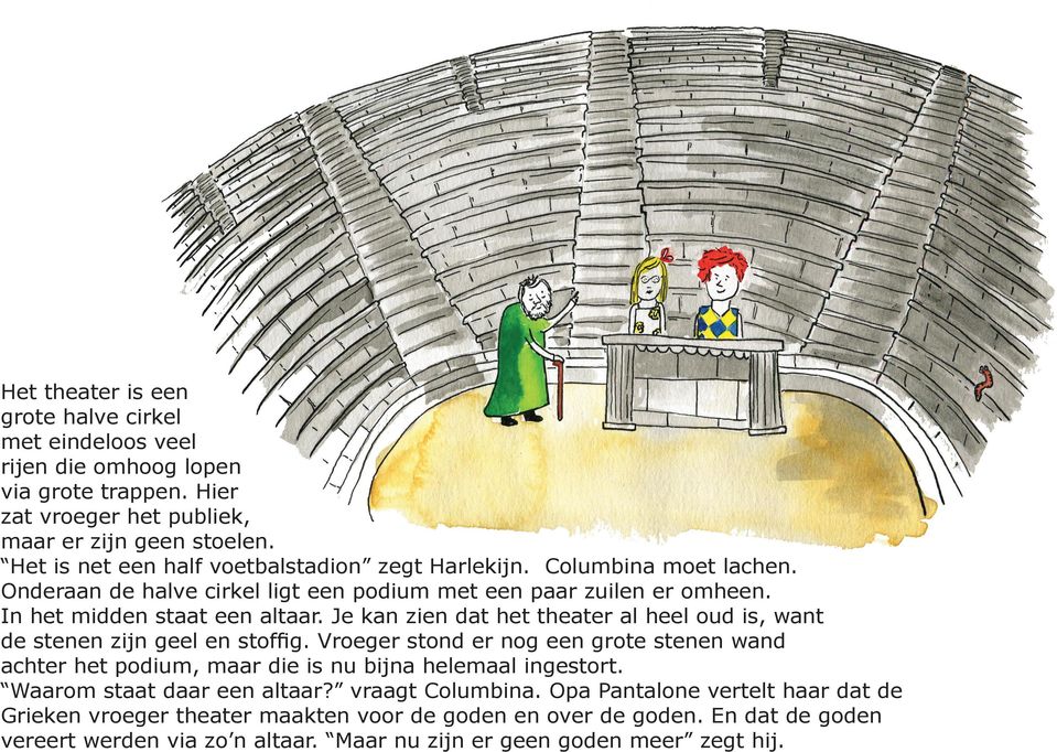 Je kan zien dat het theater al heel oud is, want de stenen zijn geel en stoffig. Vroeger stond er nog een grote stenen wand achter het podium, maar die is nu bijna helemaal ingestort.