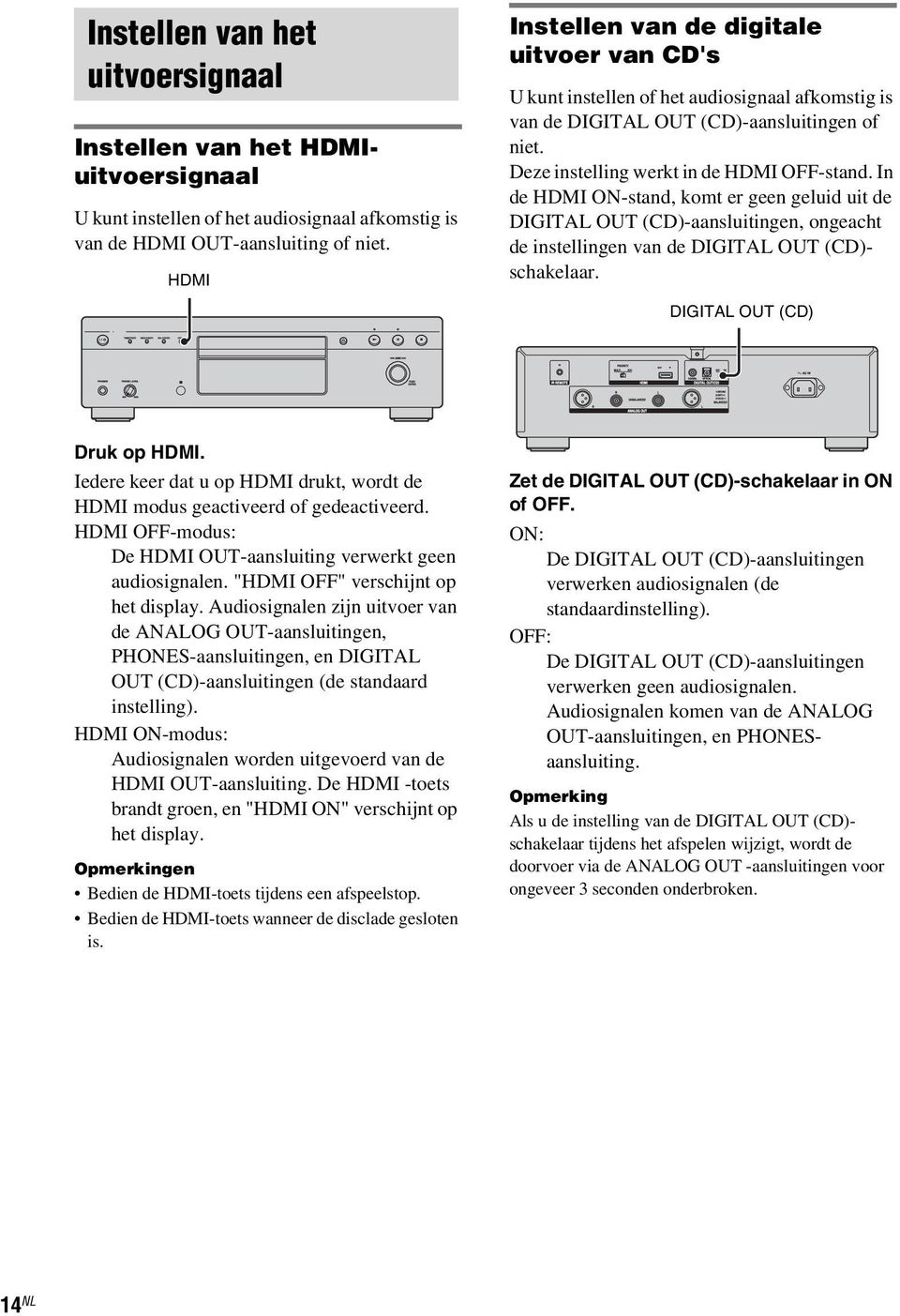 In de HDMI ON-stand, komt er geen geluid uit de DIGITAL OUT (CD)-aansluitingen, ongeacht de instellingen van de DIGITAL OUT (CD)- schakelaar. DIGITAL OUT (CD) Druk op HDMI.