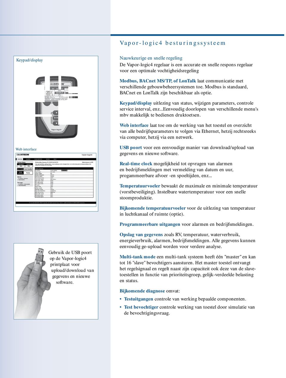 poort op de Vapor-logic4 printplaat voor upload/download van gegevens en nieuwe software. Modbus, BACnet MS/TP, of LonTalk laat communicatie met verschillende gebouwbeheersystemen toe.