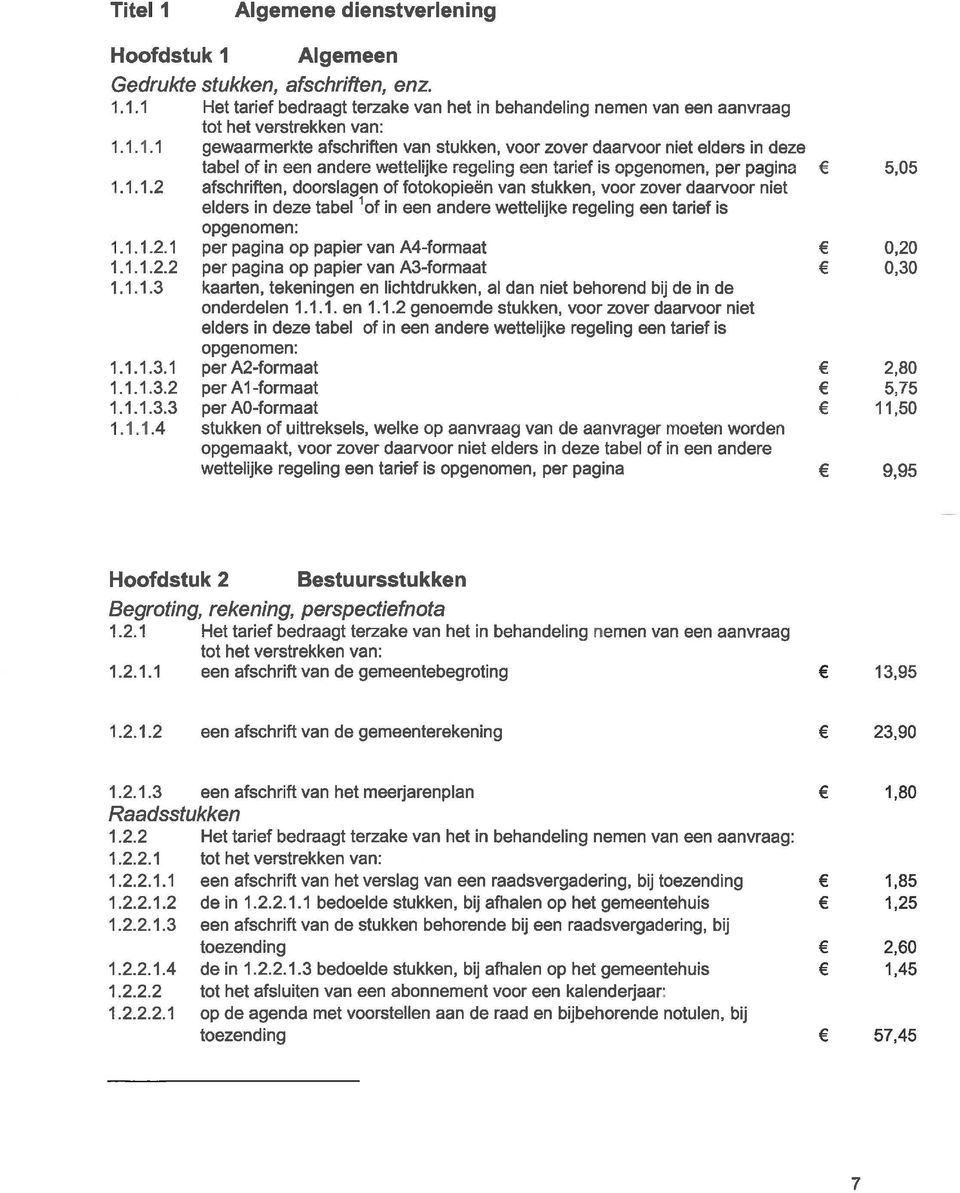 1.1.2.2 per pagina op papier van A3 formaat 6 0,30 1.1.1.3 kaarten, tekeningen en lichtdrukken, al dan niet behorend bij de in de onderdelen 1.1.1. en 1.1.2 genoemde stukken, voor zover daarvoor niet elders in deze tabel of in een andere wettelijke regeling een tarief is opgenomen: 1.