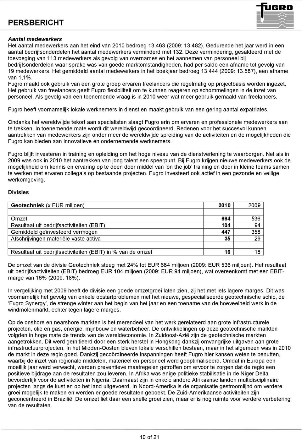 per saldo een afname tot gevolg van 19 medewerkers. Het gemiddeld aantal medewerkers in het boekjaar bedroeg 13.444 (2009: 13.587), een afname van 1,1%.