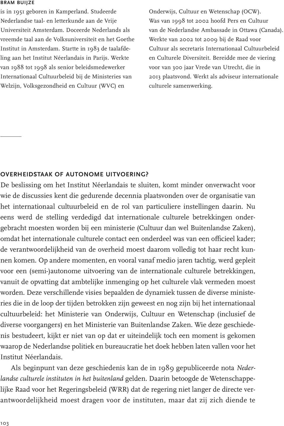 Werkte van 1988 tot 1998 als senior beleidsmedewerker Internationaal Cultuurbeleid bij de Ministeries van Welzijn, Volksgezondheid en Cultuur (WVC) en Onderwijs, Cultuur en Wetenschap (OCW).