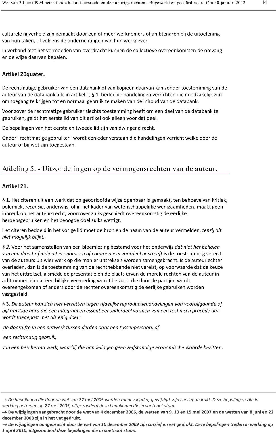 In verband met het vermoeden van overdracht kunnen de collectieve overeenkomsten de omvang en de wijze daarvan bepalen. Artikel 20quater.