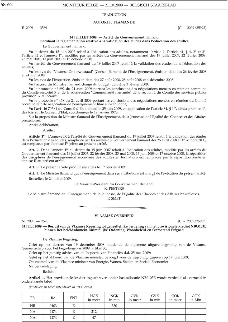 des adultes, notamment l article 9, l article 4, 4, et 3, l article 4 et l annexe I re, modifiée par les arrêtés du Gouvernement flamand des 9 juillet 007, février 008, 3 mai 008, 3 juin 008 et 7