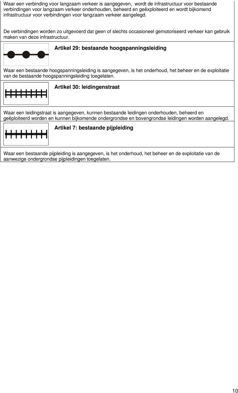 Artikel 29: bestaande hoogspanningsleiding Waar een bestaande hoogspanningsleiding is aangegeven, is het onderhoud, het beheer en de exploitatie van de bestaande hoogspanningsleiding toegelaten.