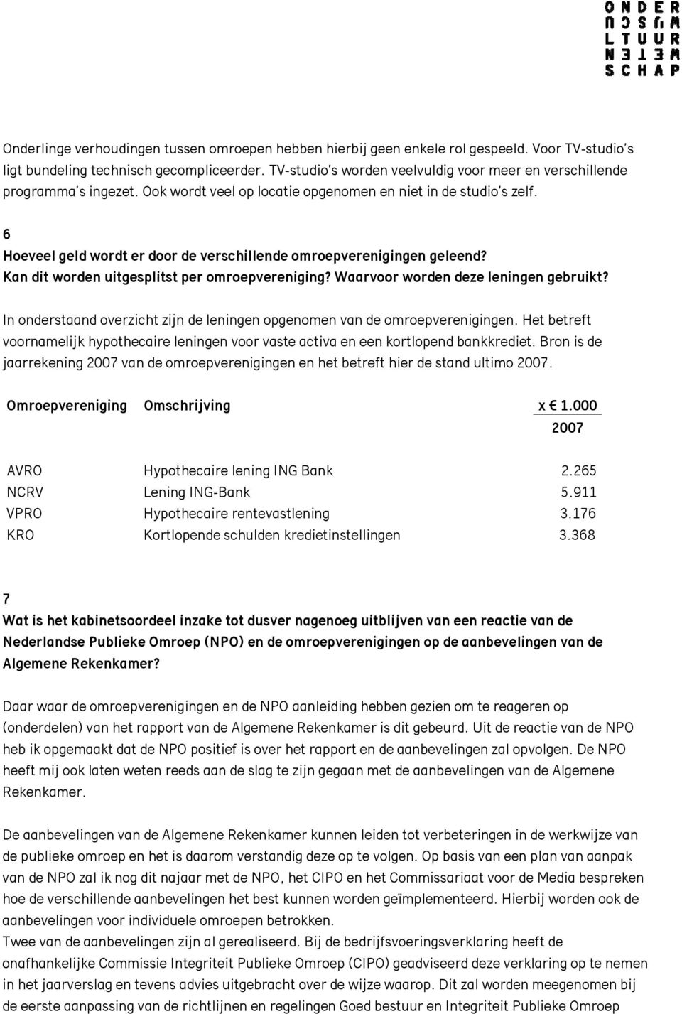 6 Hoeveel geld wordt er door de verschillende omroepverenigingen geleend? Kan dit worden uitgesplitst per omroepvereniging? Waarvoor worden deze leningen gebruikt?