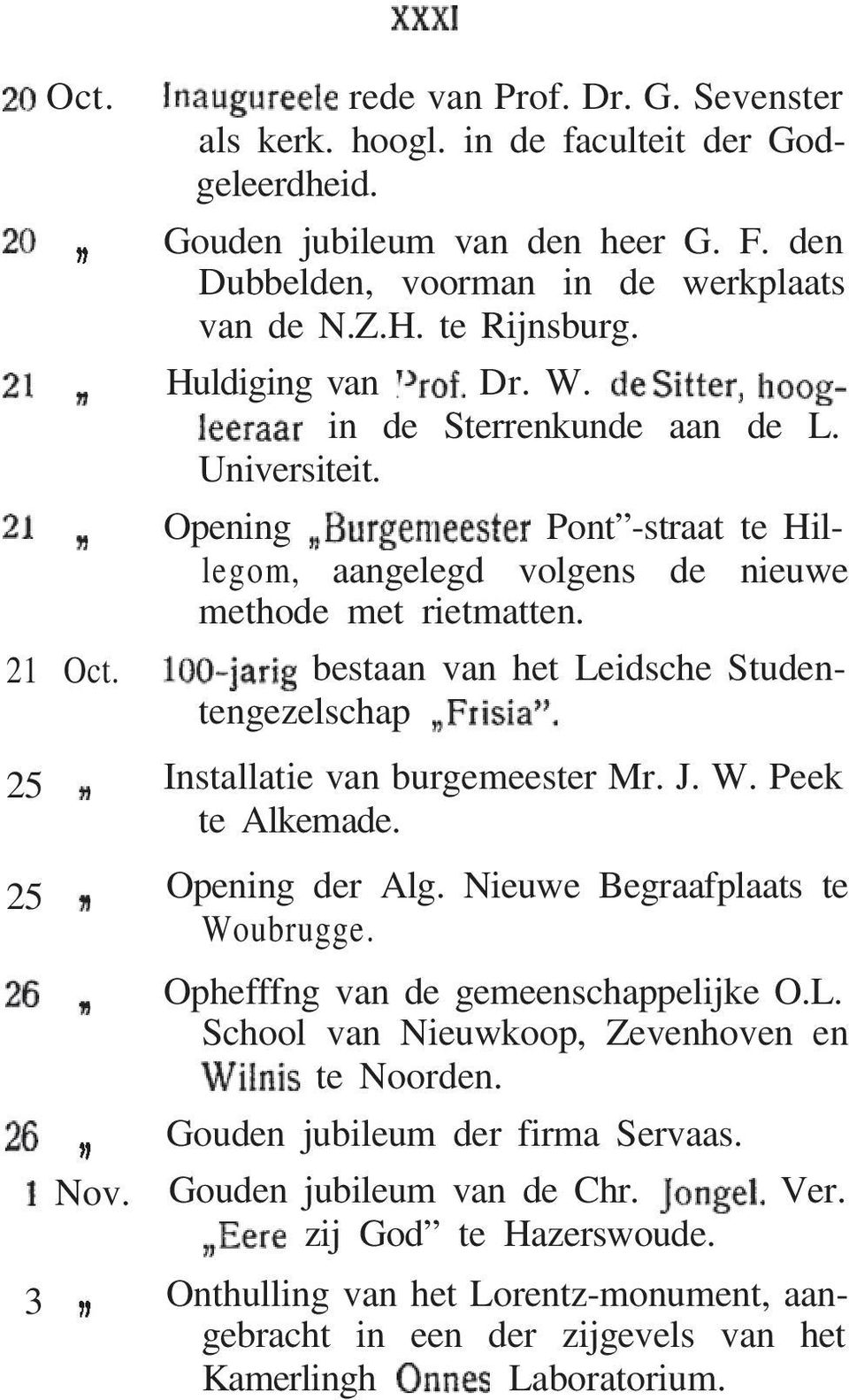 bestaan van het Leidsche Studentengezelschap Installatie van burgemeester Mr. J. W. Peek te Alkemade. Opening der Alg. Nieuwe Begraafplaats te Woubrugge. Ophefffng van de gemeenschappelijke O.L. School van Nieuwkoop, Zevenhoven en te Noorden.