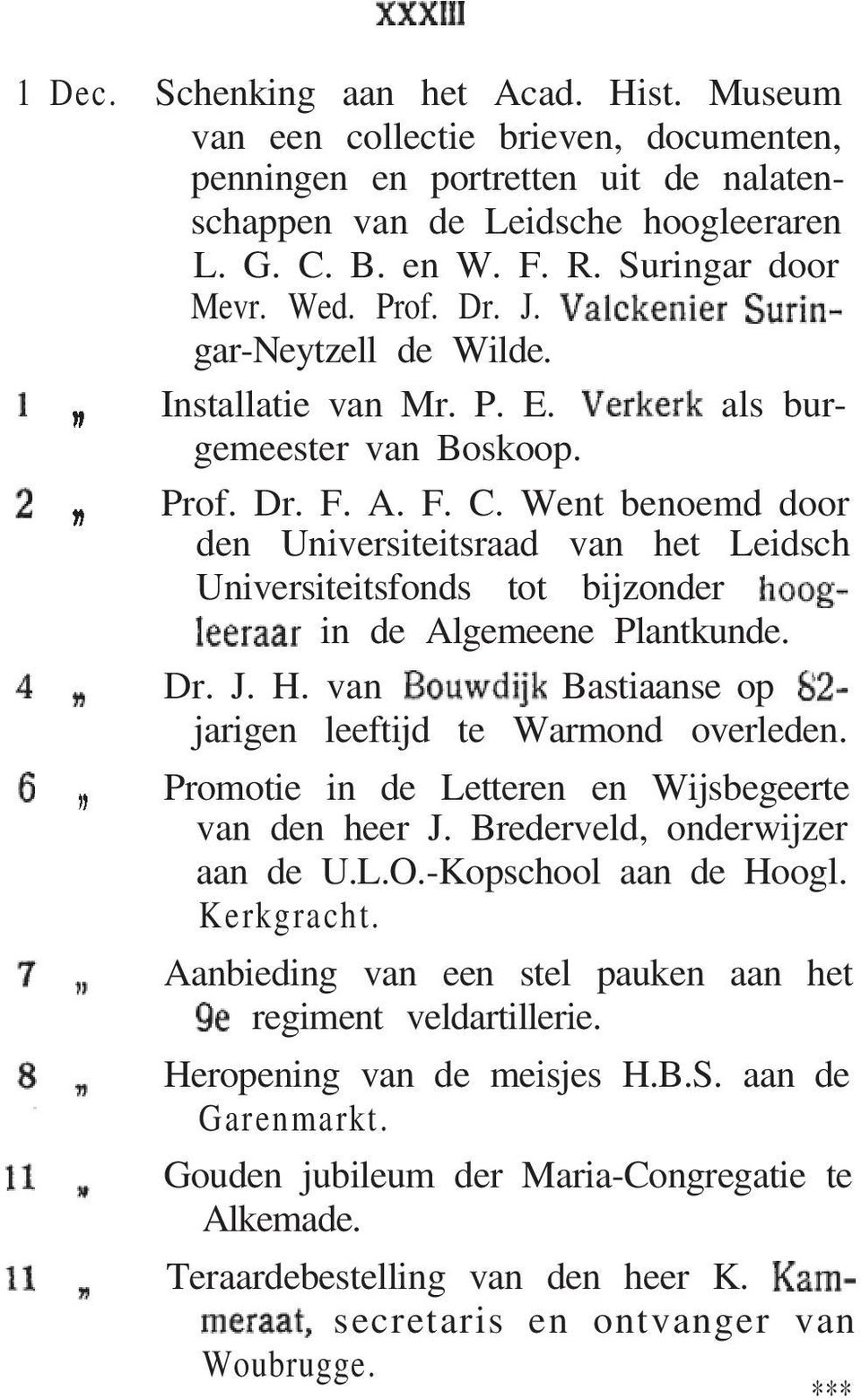Went benoemd door den Universiteitsraad van het Leidsch Universiteitsfonds tot bijzonder in de Algemeene Plantkunde. Dr. J. H. van Bastiaanse op jarigen leeftijd te Warmond overleden.