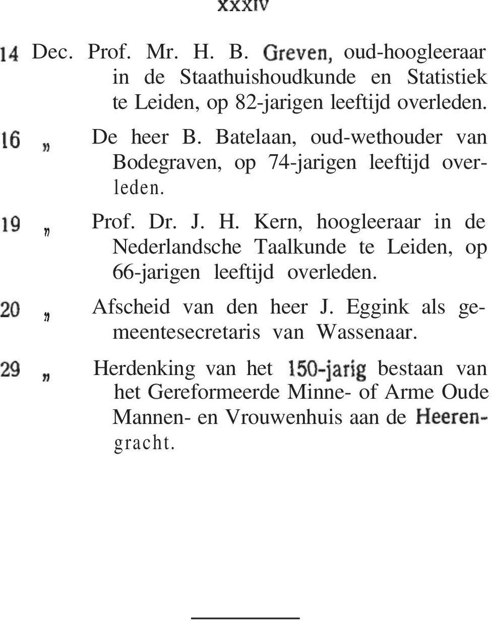 Kern, hoogleeraar in de Nederlandsche Taalkunde te Leiden, op 66-jarigen leeftijd overleden. Afscheid van den heer J.