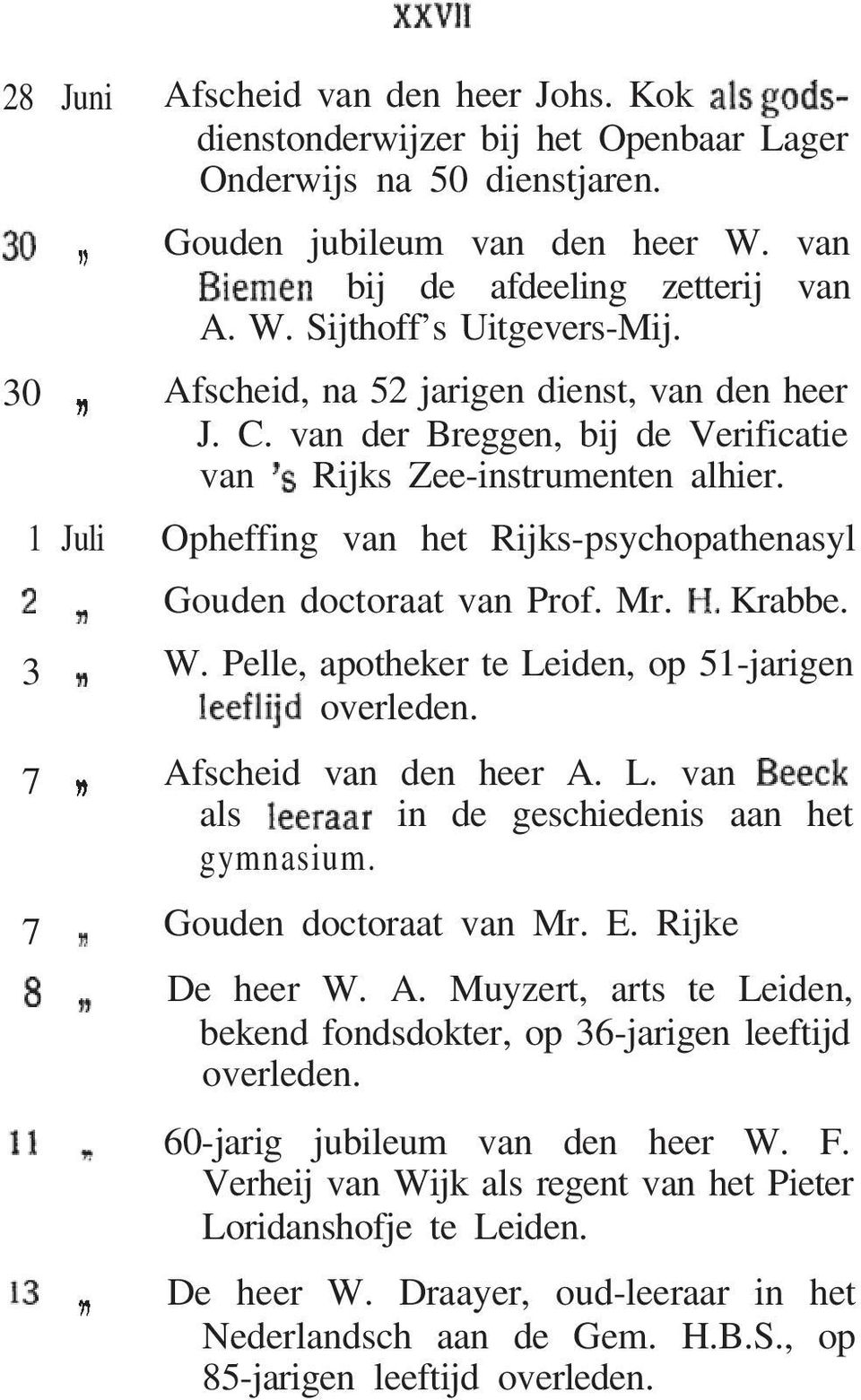 Krabbe. W. Pelle, apotheker te Leiden, op 51-jarigen overleden. Afscheid van den heer A. L. van als in de geschiedenis aan het gymnasium. Gouden doctoraat van Mr. E. Rijke De heer W. A. Muyzert, arts te Leiden, bekend fondsdokter, op 36-jarigen leeftijd overleden.