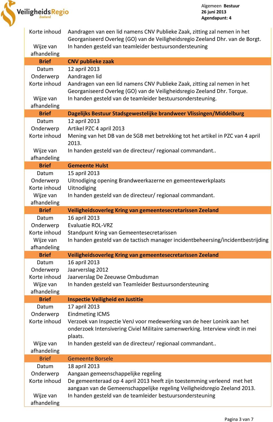 (GO) van de Veiligheidsregio Zeeland Dhr. Torque. In handen gesteld van de teamleider bestuursondersteuning.