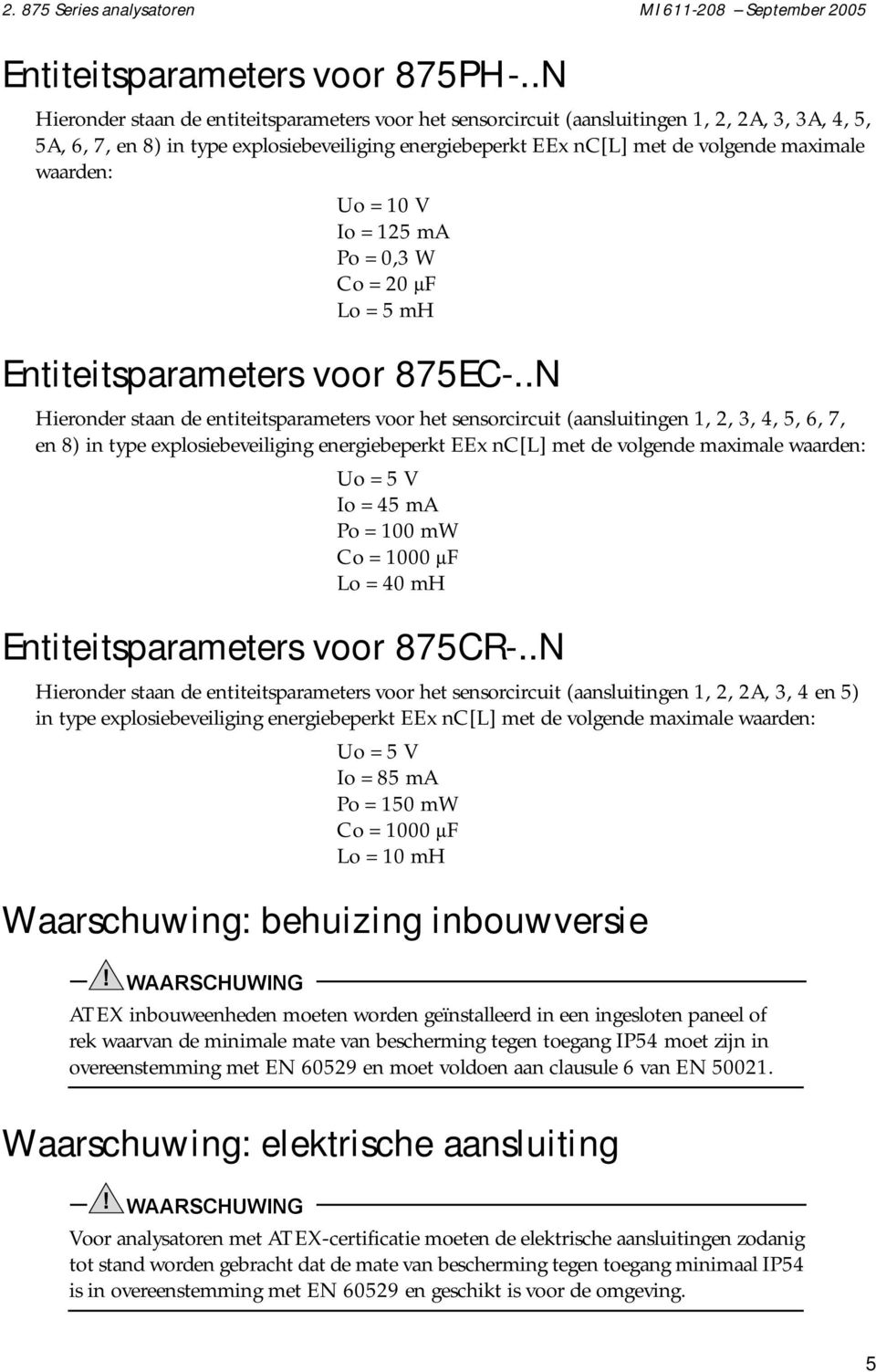 waarden: Uo = 10 V Io = 125 ma Po = 0,3 W Co = 20 µf Lo = 5 mh Entiteitsparameters voor 875EC-.