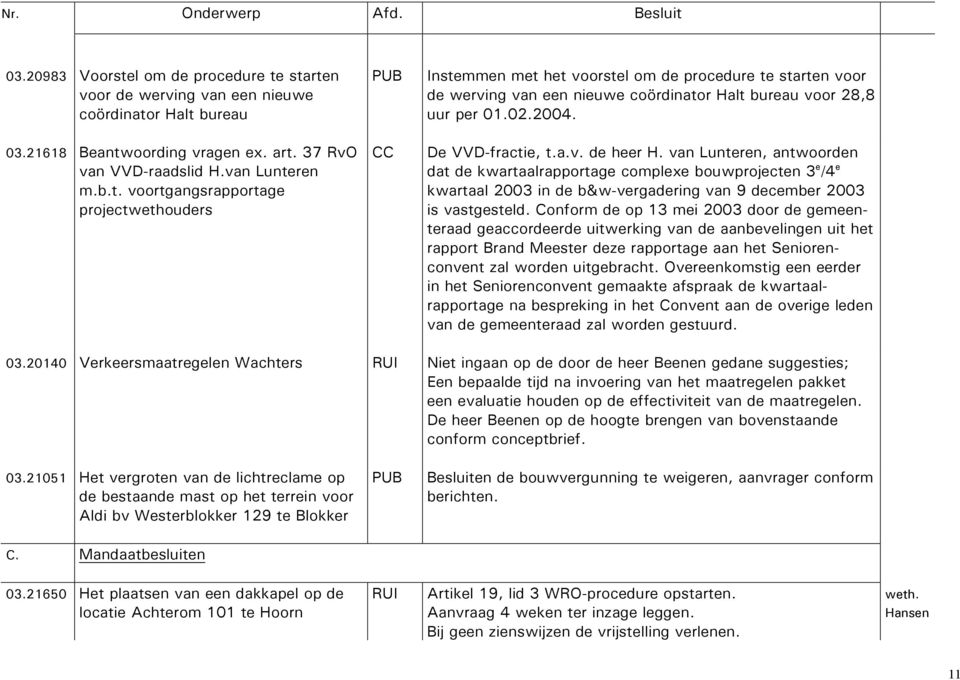 Conform de op 13 mei 2003 door de gemeenteraad geaccordeerde uitwerking van de aanbevelingen uit het rapport Brand Meester deze rapportage aan het Seniorenconvent zal worden uitgebracht.